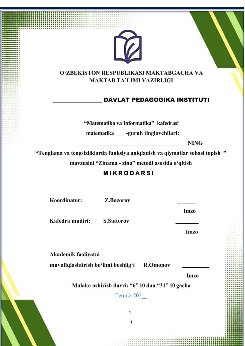 MIKRODARS MATEMATIKA "Tenglama va tengsizliklarda funksiya aniqlanish va qiymatlar sohasi topish"