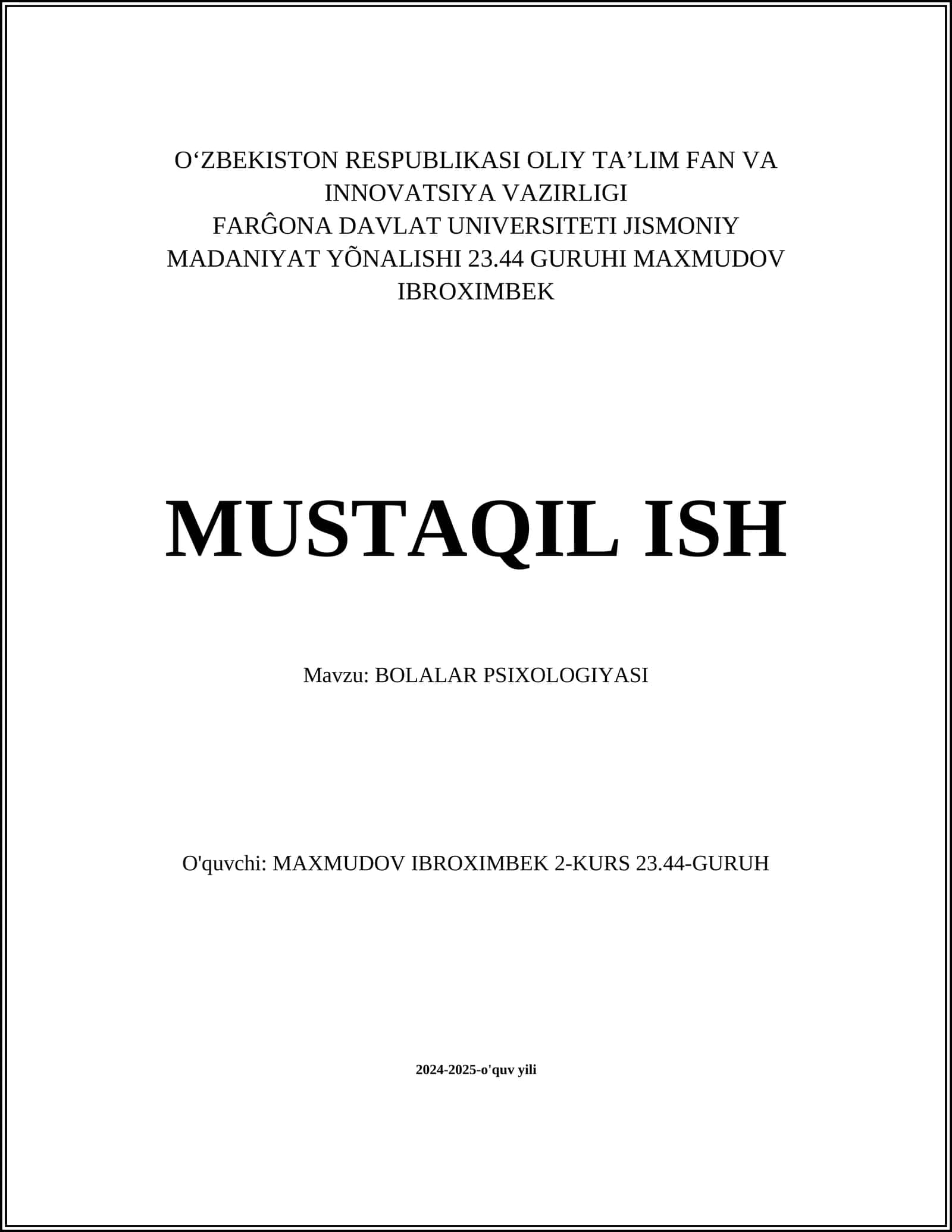 Bolalar Psixologiyasi