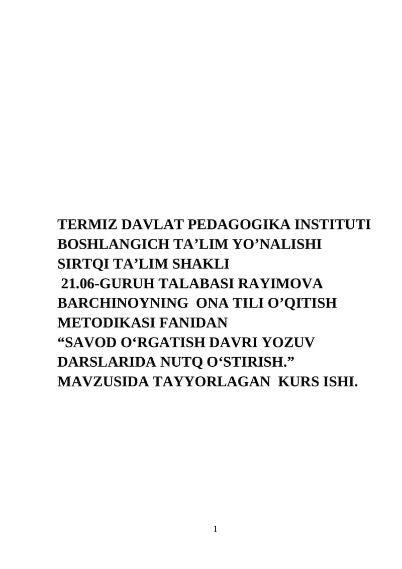 Savod O‘rgatish Davri Yozuv Darslarida Nutq O‘stirish