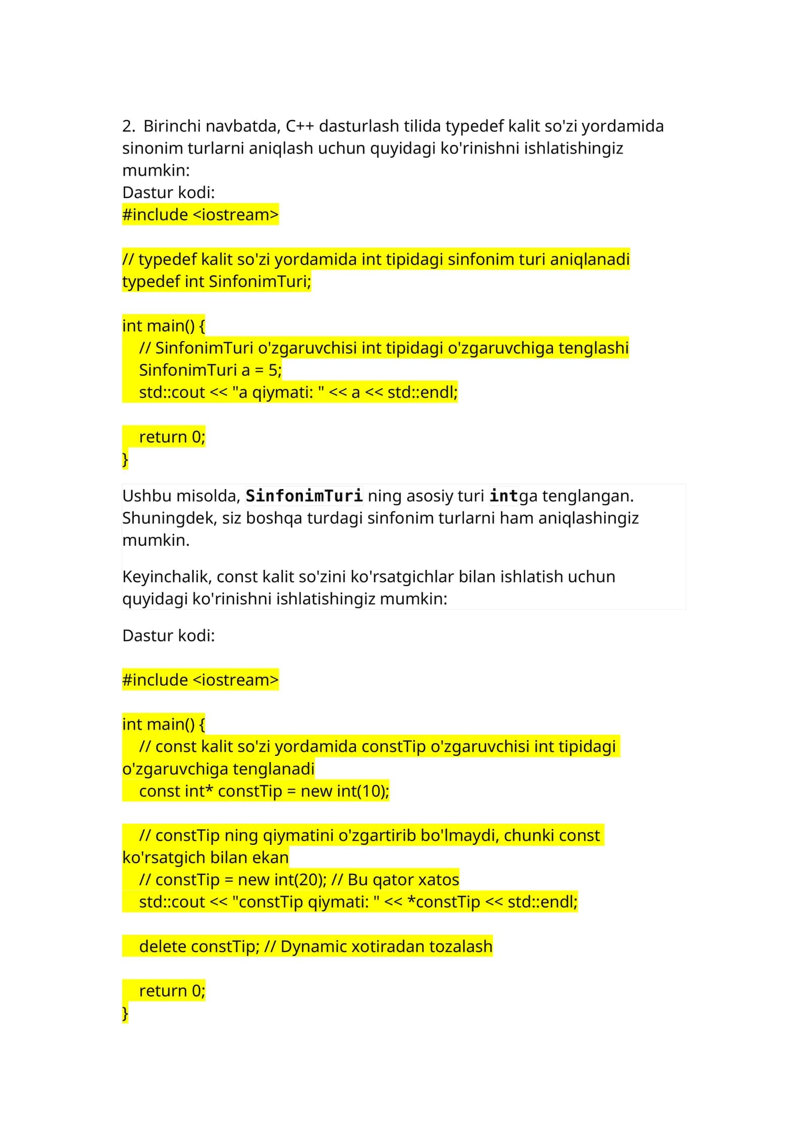 C++ dasturlash tilida typedef va const kalit so'zlari