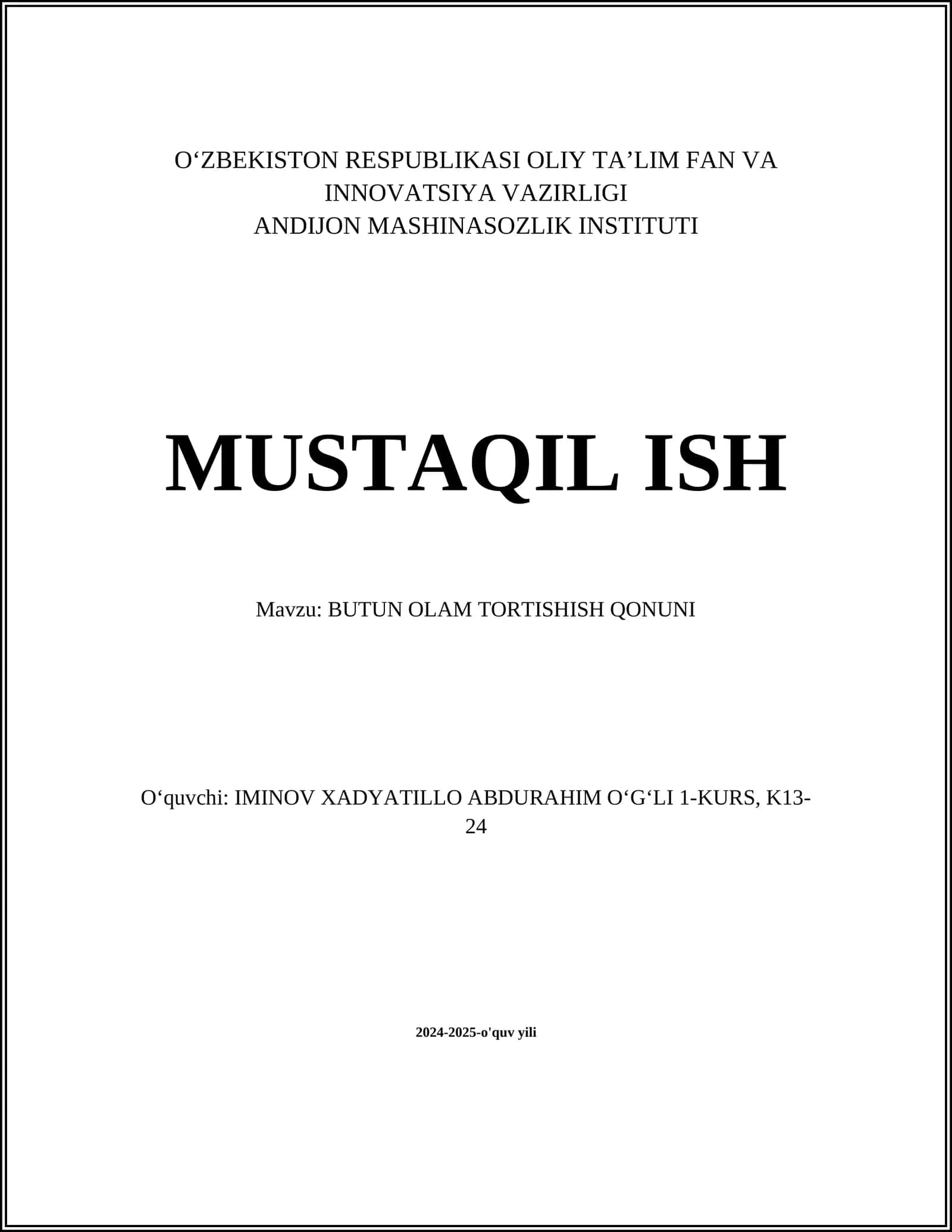 BUTUN OLAM TORTISHISH QONUNI