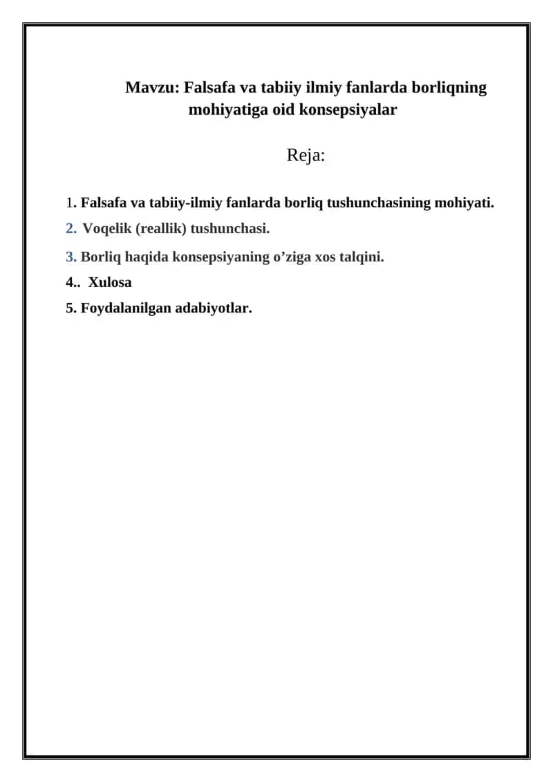 Falsafa va tabiiy ilmiy fanlarda borliqning mohiyatiga oid konsepsiyalar