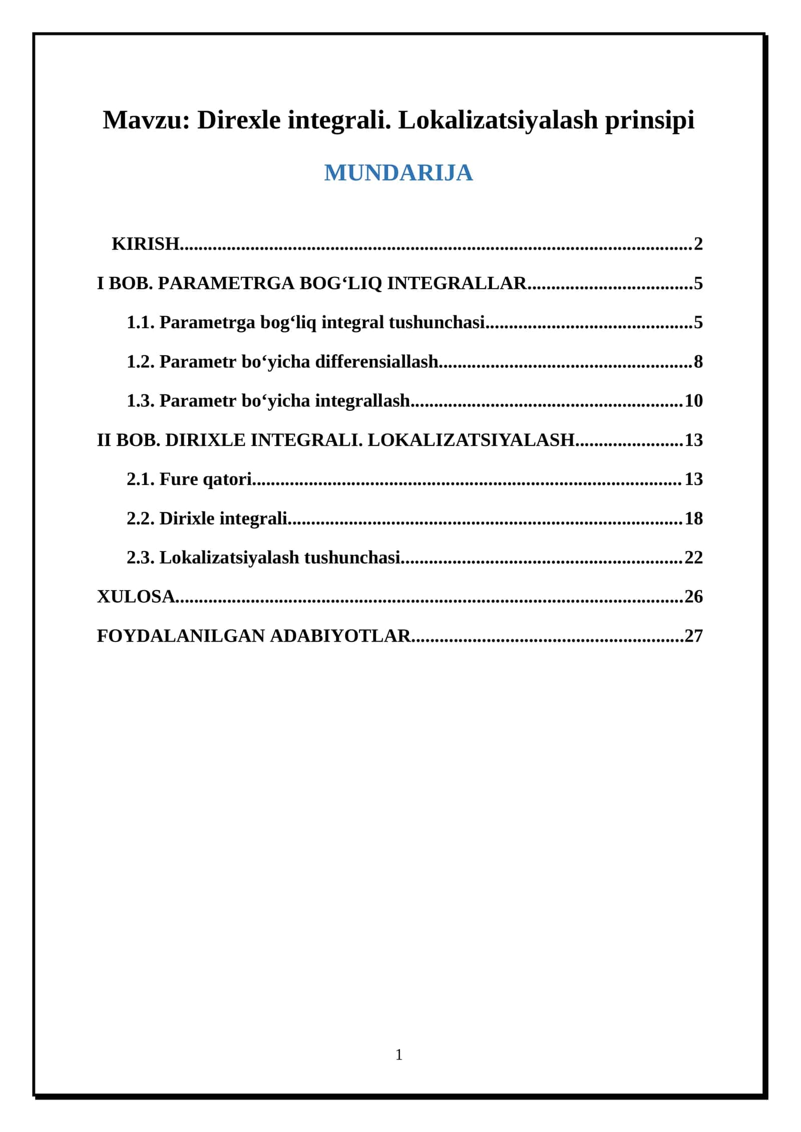 Direxle integrali. Lokalizatsiyalash prinsipi