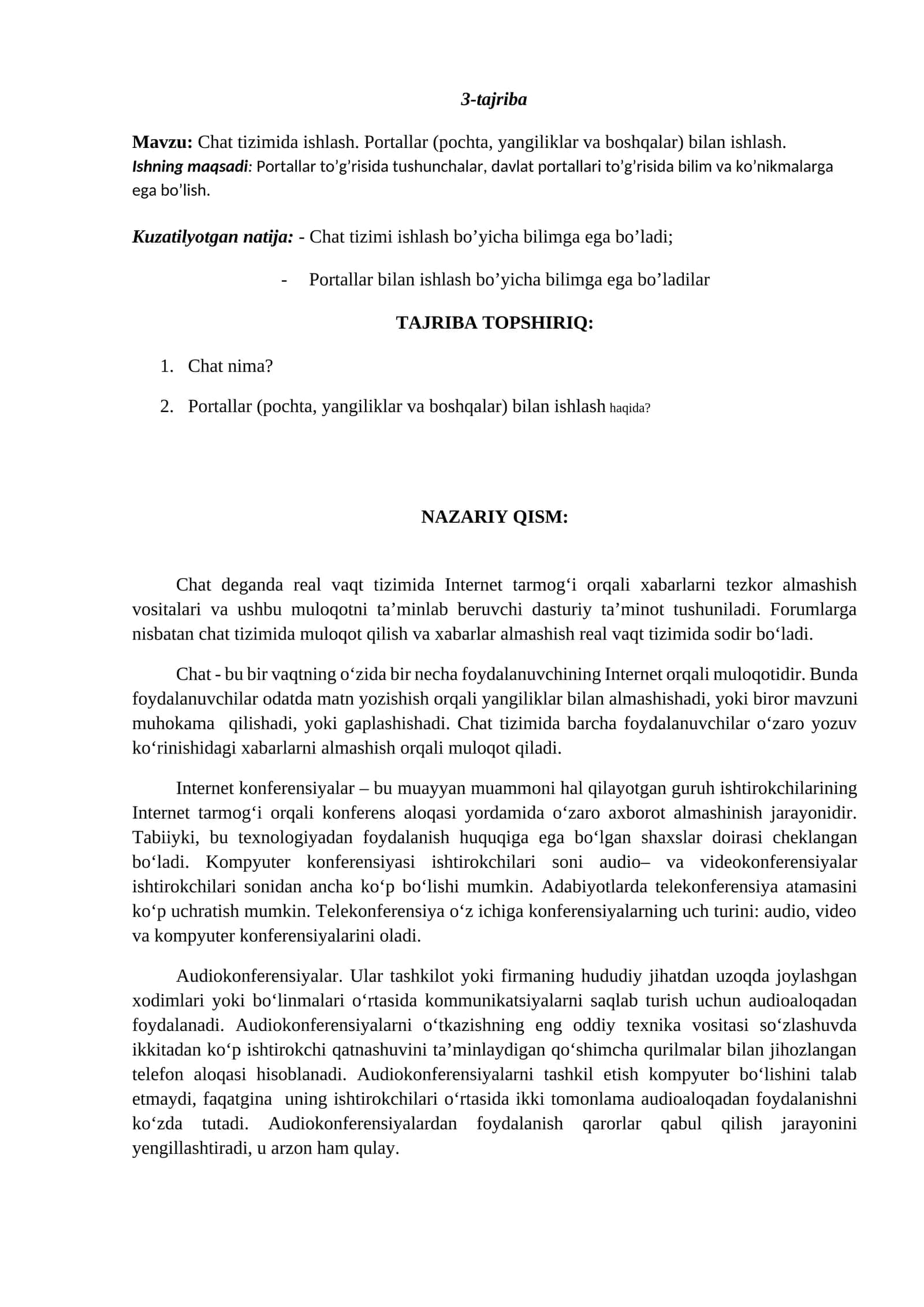 Chat tizimida ishlash. Portallar (pochta, yangiliklar va boshqalar) bilan ishlash