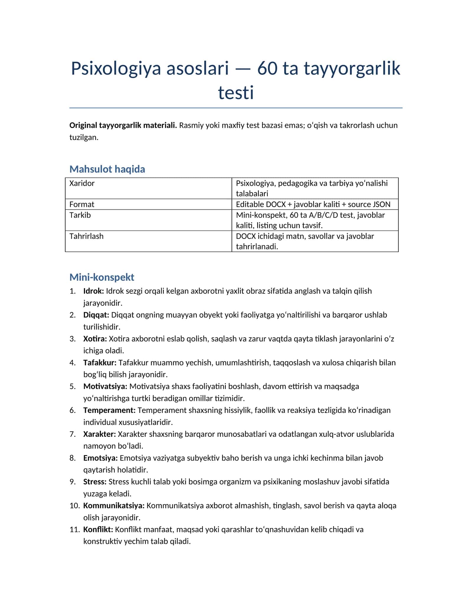 Psixologiya asoslari — 60 ta tayyorgarlik testi