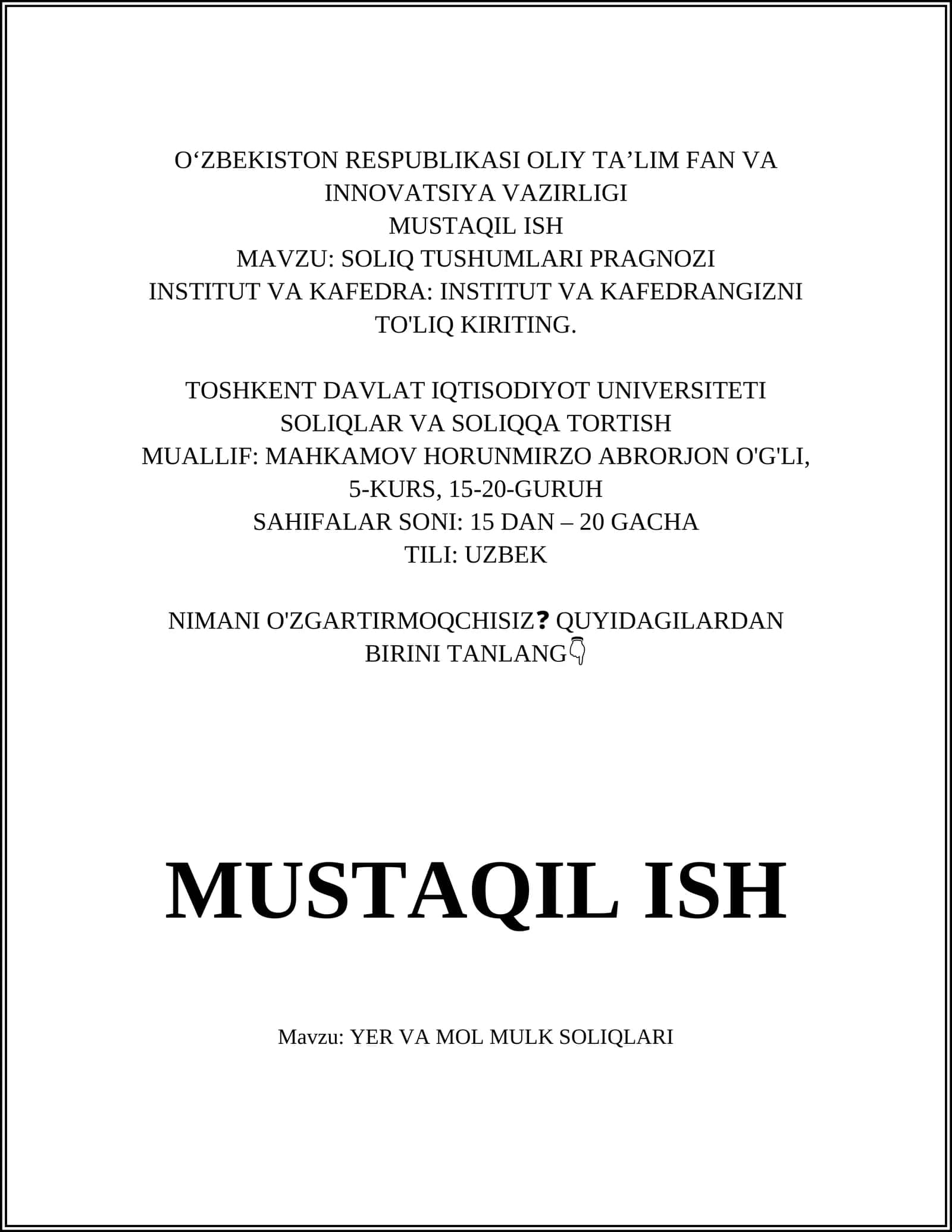 YER VA MOL MULK SOLIQLARI