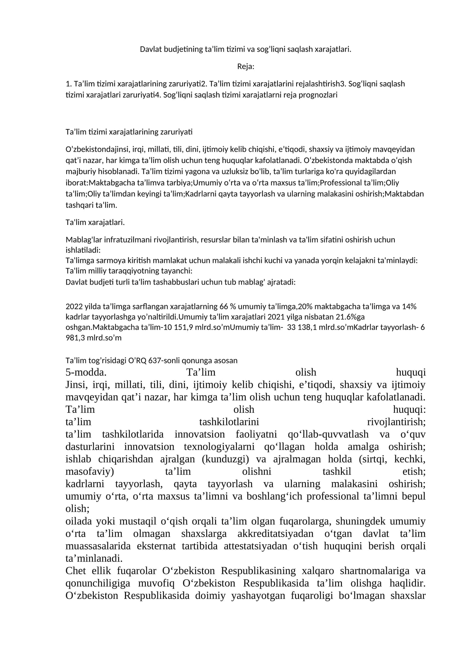 Ta’lim tizimi xarajatlari