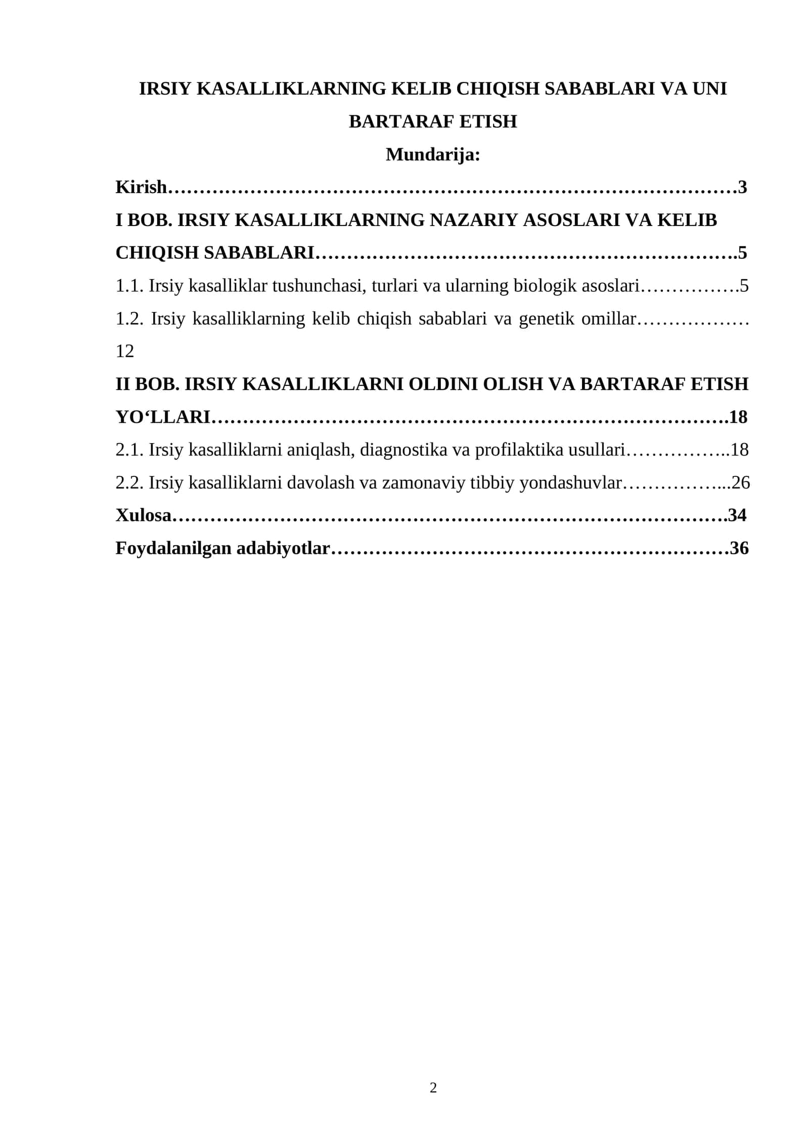 IRSIY KASALLIKLARNING KELIB CHIQISH SABABLARI VA UNI BARTARAF ETISH