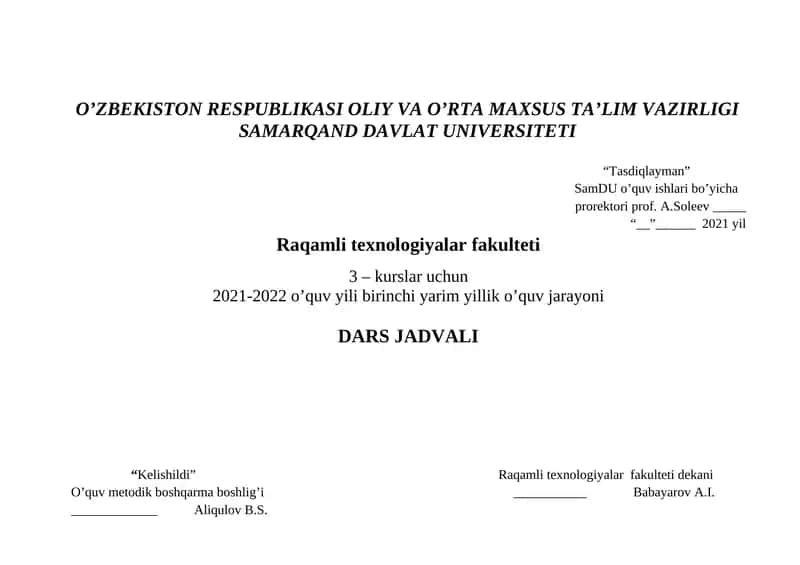 Raqamli texnologiyalar fakulteti DARS JADVALI
