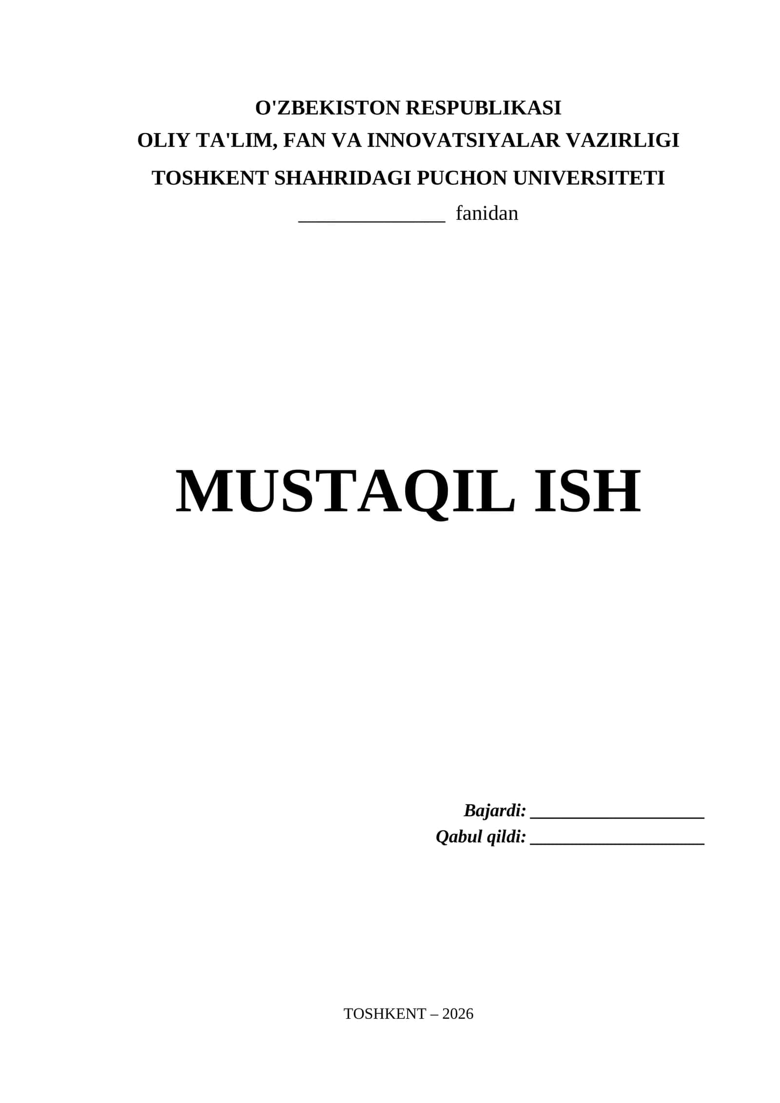 Toshkent Shahridagi Puchon Universiteti Mustaqil Ish Titul Varaq (.docx)