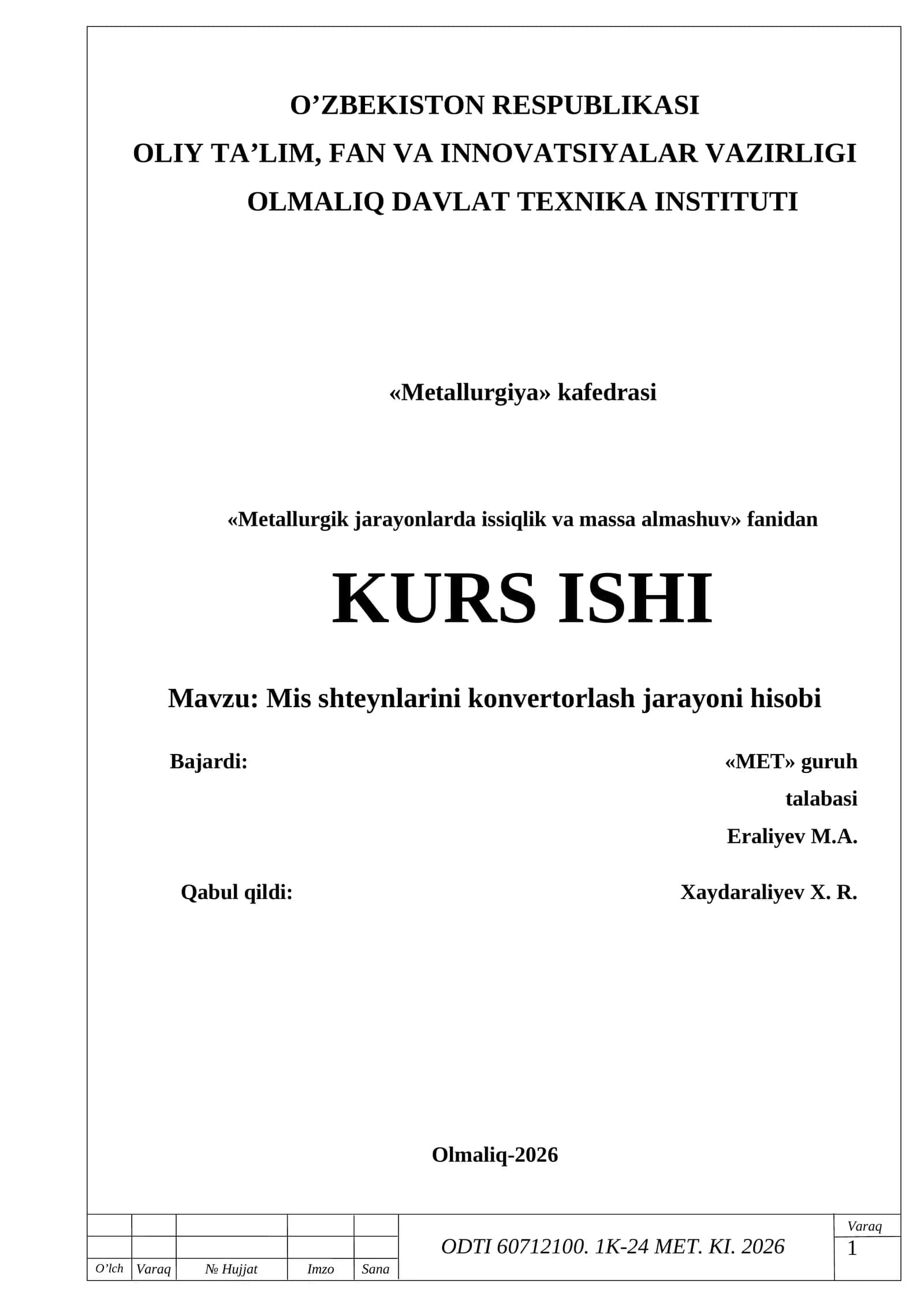 Mis shteynlarini konvertorlash jarayoni hisobi