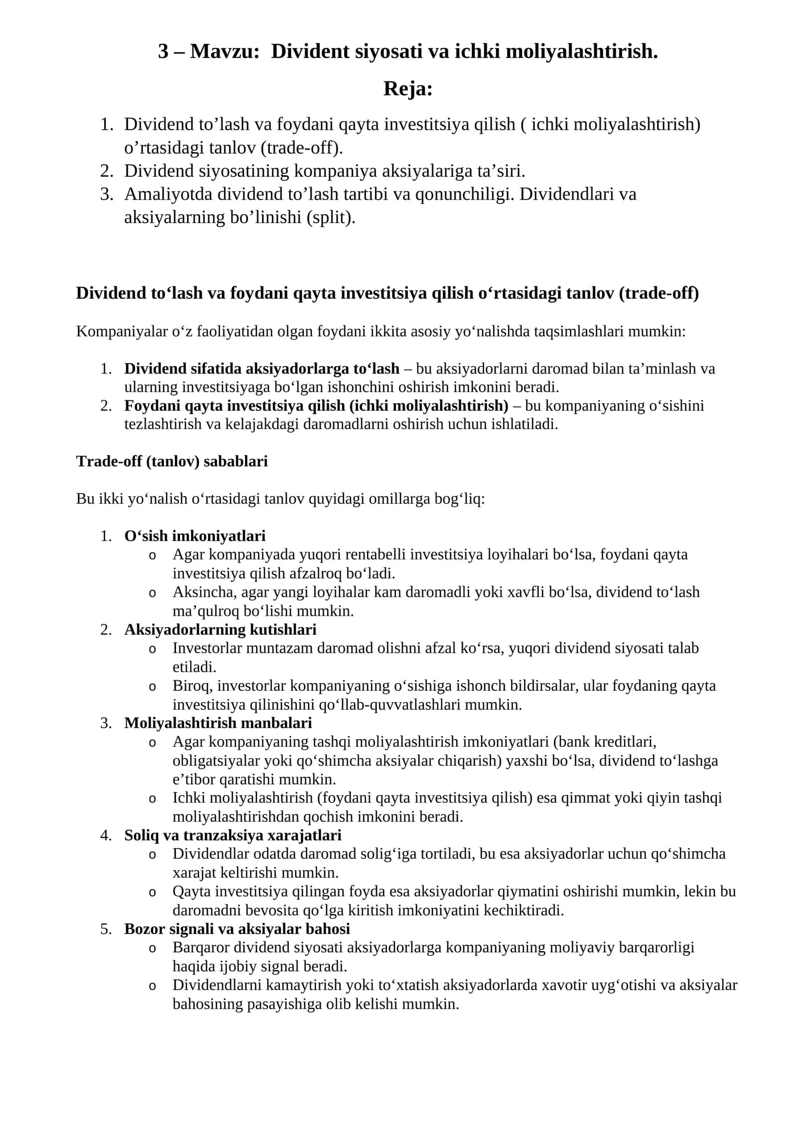 Divident siyosati va ichki moliyalashtirish