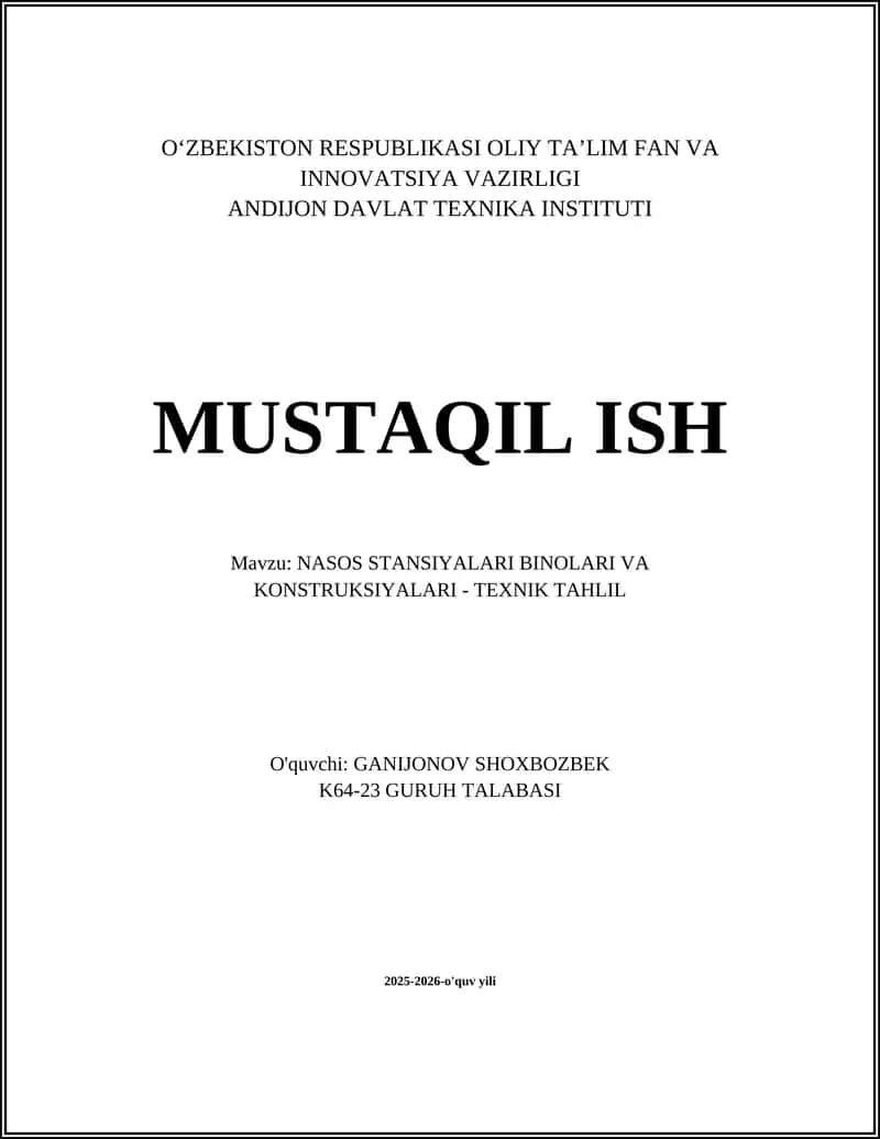 NASOS STANSIYALARI BINOLARI VA KONSTRUKSIYALARI - TEXNIK TAHLIL