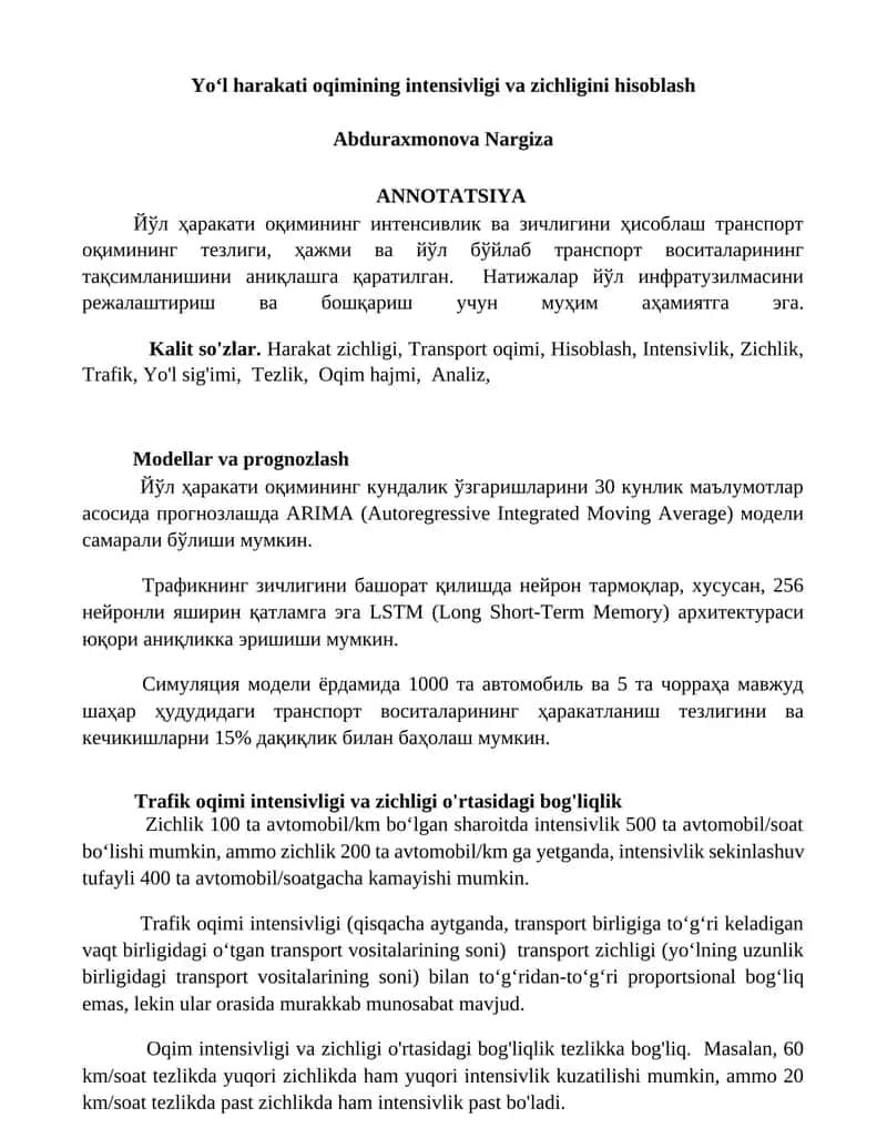 Yoʻl harakati oqimining intensivligi va zichligini hisoblash