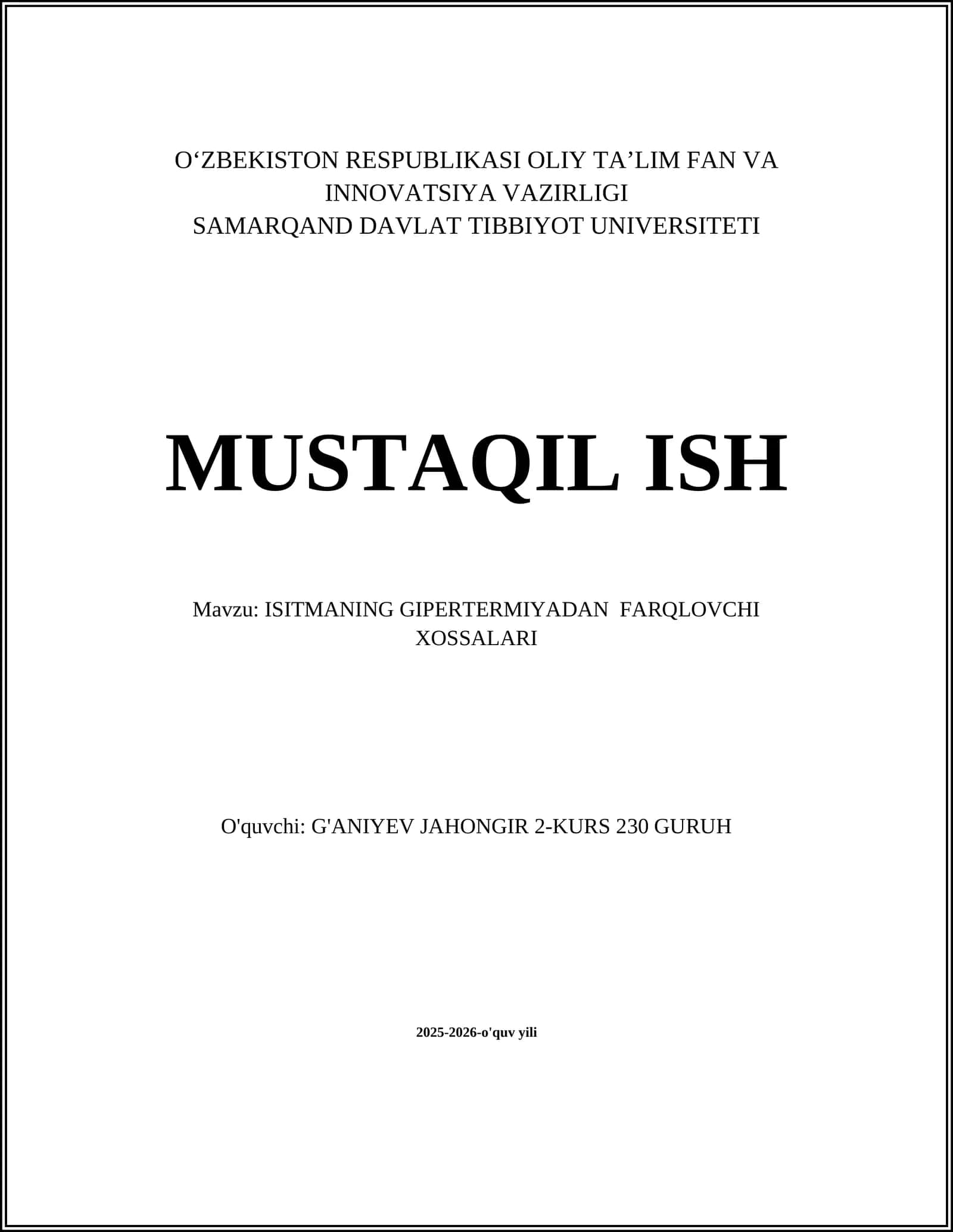 ISITMANING GIPERTERMIYADAN FARQLOVCHI XOSSALARI