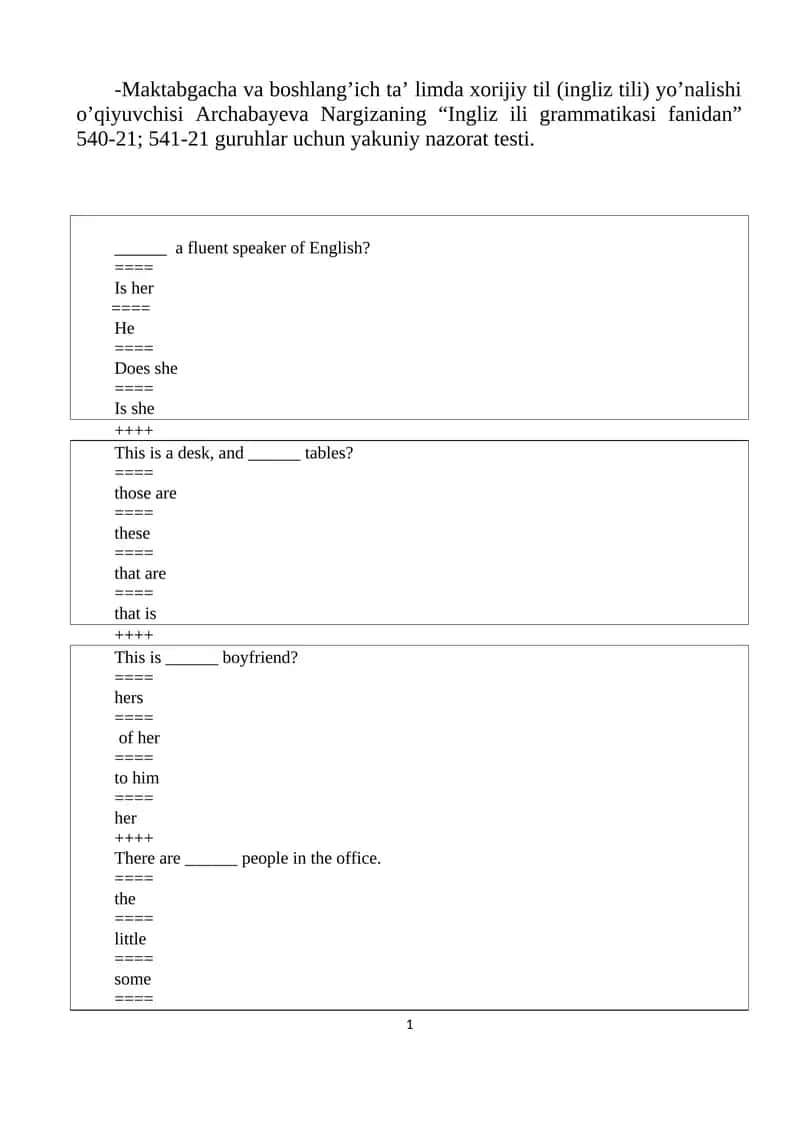 Ingliz ili grammatikasi fanidan yakuniy nazorat testi