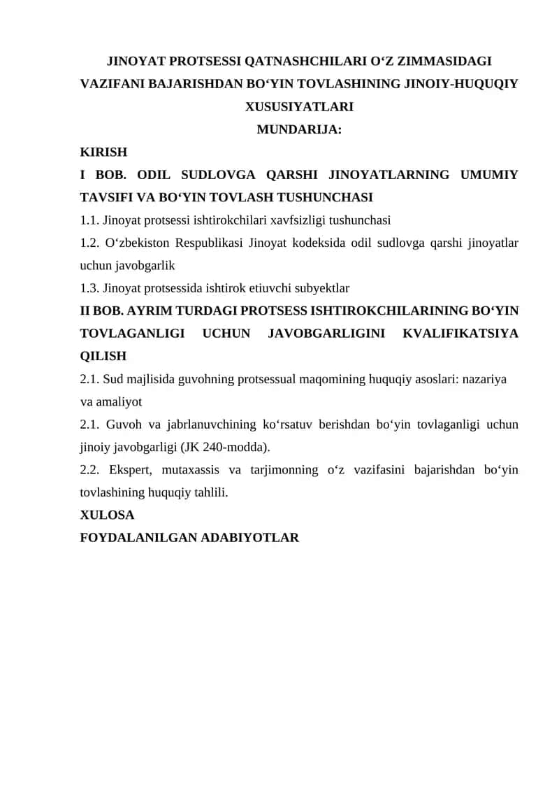 Odil sudlovga qarshi jinoyatlar uchun javobgarlik