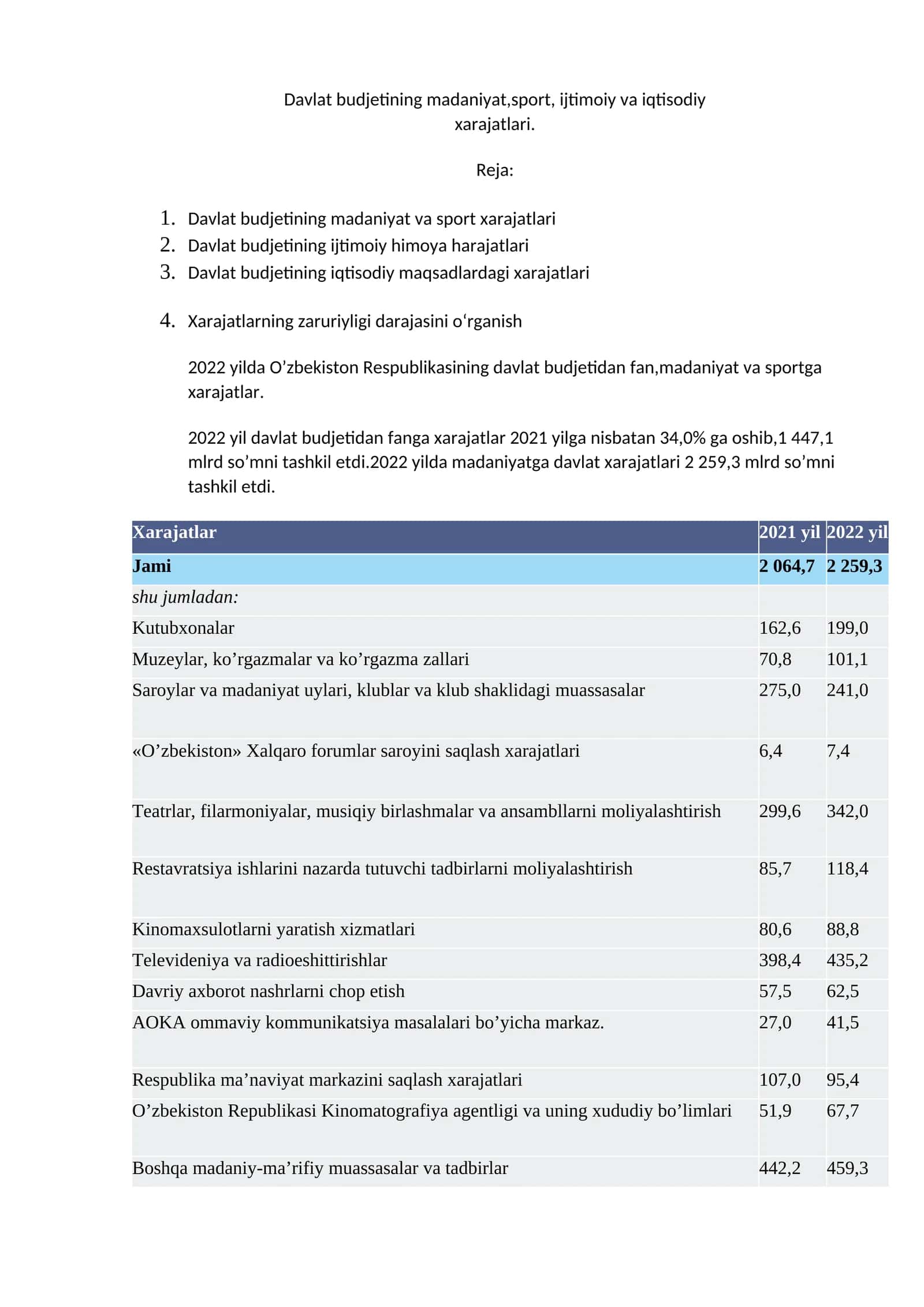 Davlat budjetining madaniyat,sport, ijtimoiy va iqtisodiy xarajatlari