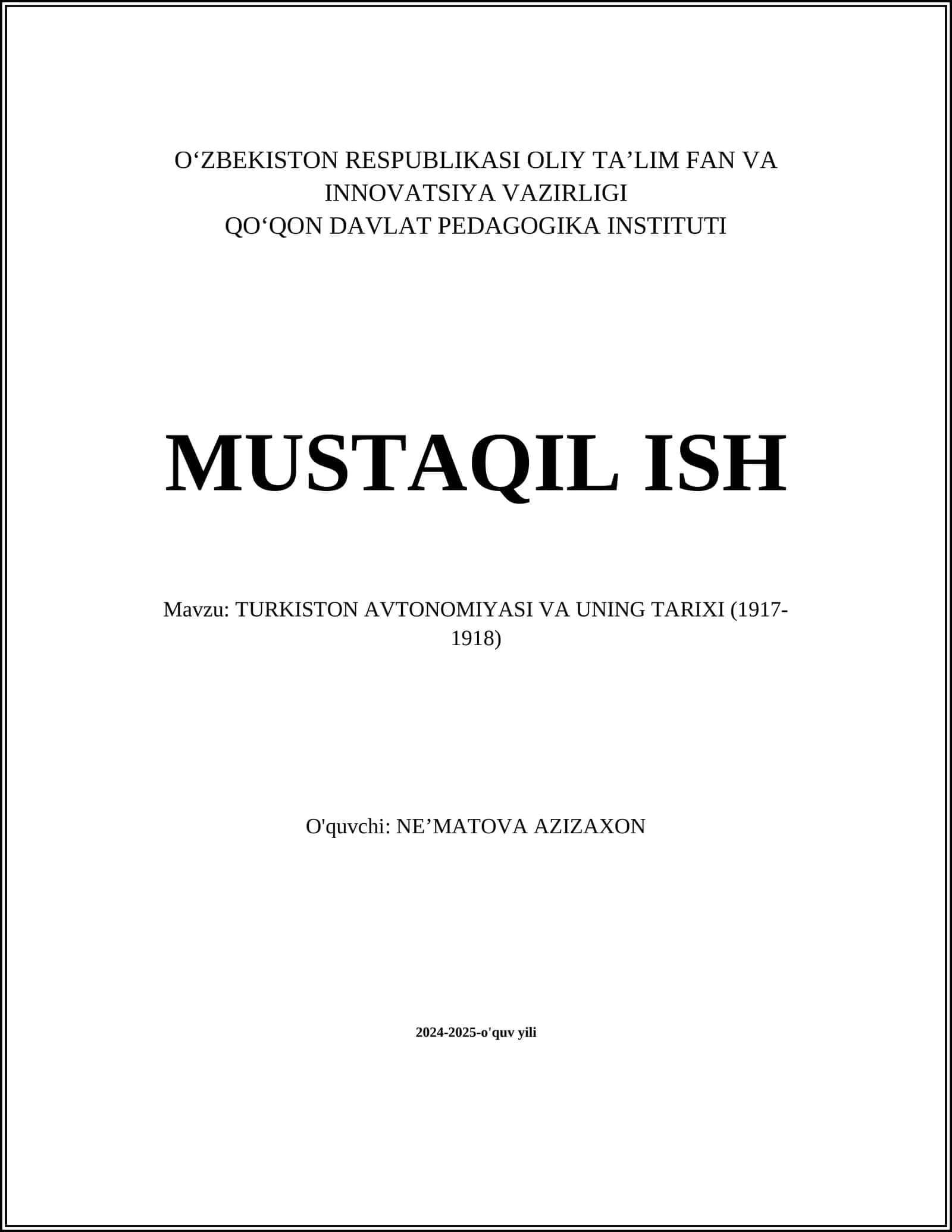 TURKISTON AVTONOMIYASI VA UNING TARIXI (1917-1918)