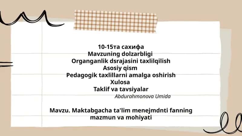 Maktabgacha ta'lim menejmdnti fanning mazmun va mohiyati