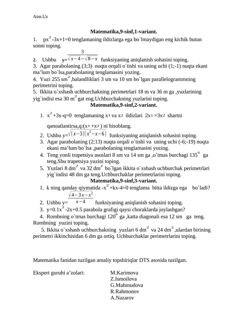 Matematika, 9-sinf, 1-variant