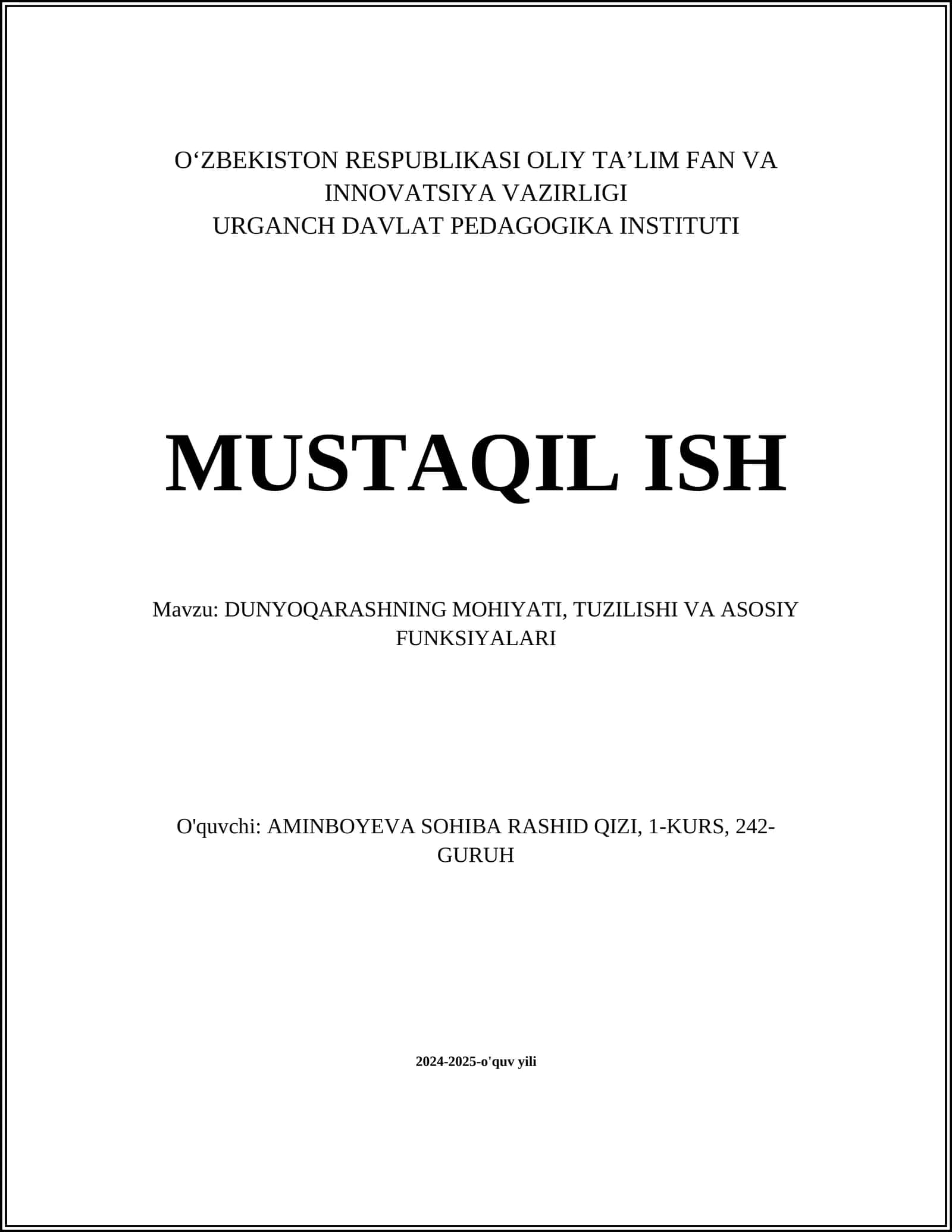 DUNYOQARASHNING MOHIYATI, TUZILISHI VA ASOSIY FUNKSIYALARI