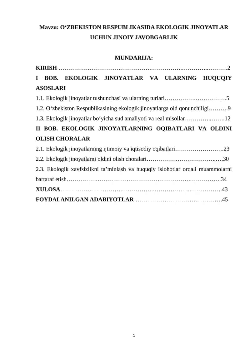 O‘ZBEKISTON RESPUBLIKASIDA EKOLOGIK JINOYATLAR UCHUN JINOIY JAVOBGARLIK