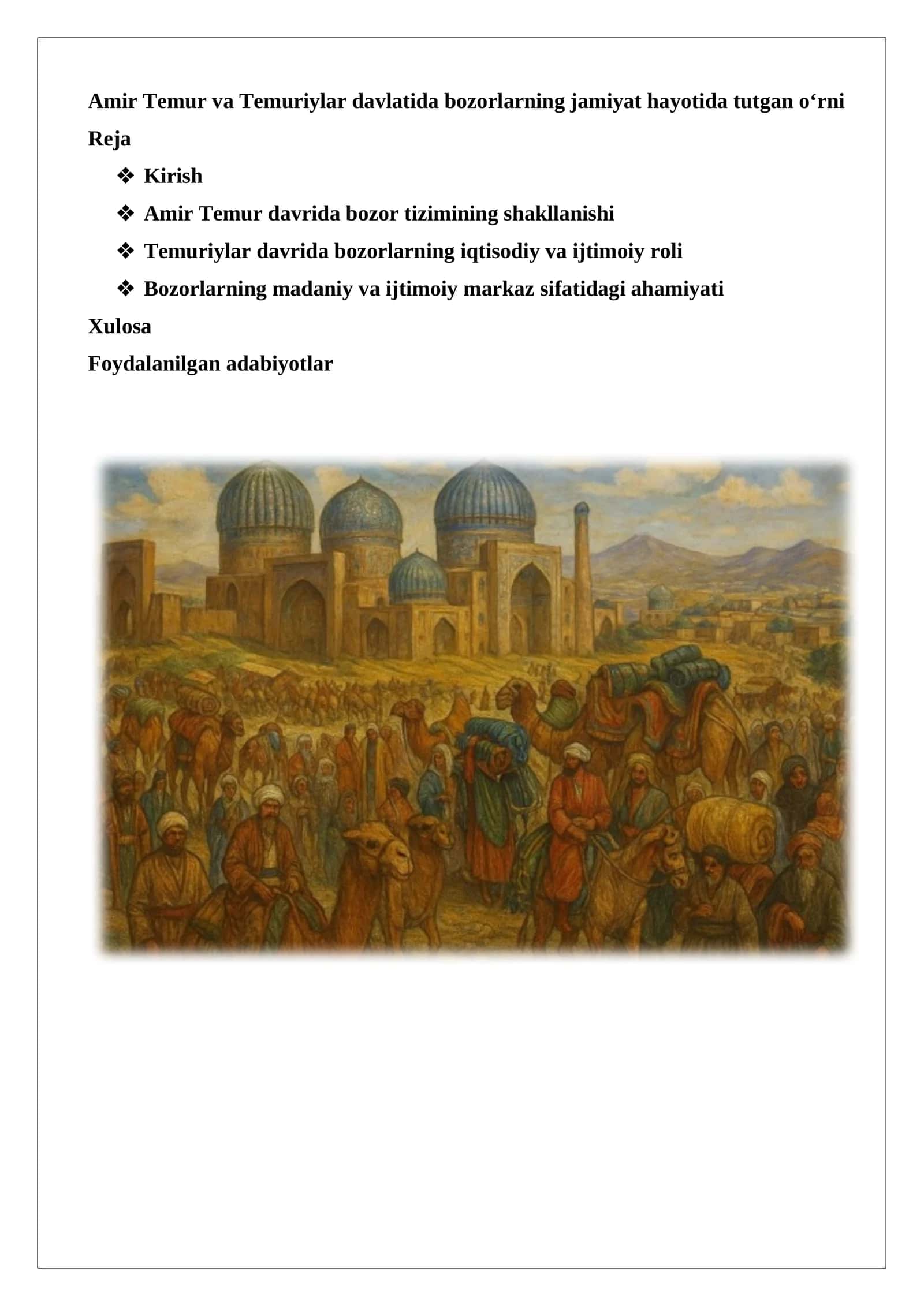 Amir Temur va Temuriylar davlatida bozorlarning jamiyat hayotida tutgan o‘rni