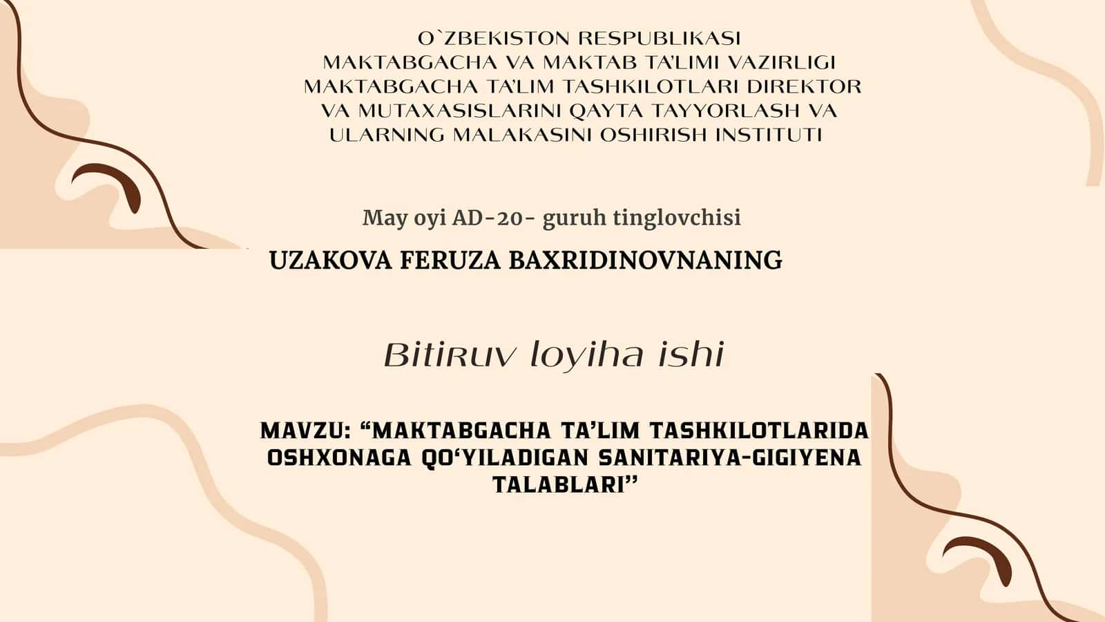 O`ZBEKISTON RESPUBLIKASI MAKTABGACHA TA'LIM TASHKILOTLARI DIREKTOR VA MUTAXASISLARINI QAYTA TAYYORLASH VA ULARNING MALAKASINI OSHIRISH INSTITUTI