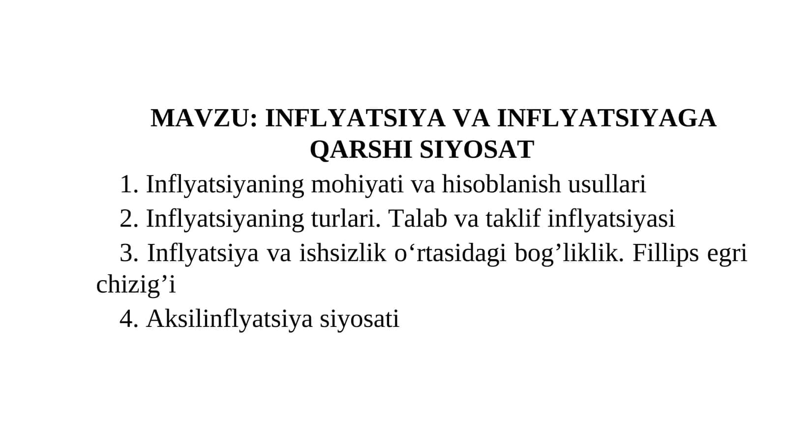 INFLYATSIYA VA INFLYATSIYAGA QARSHI SIYOSAT