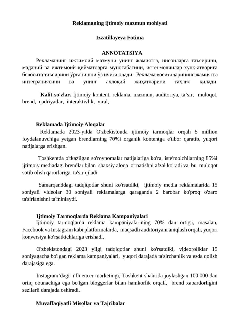 Reklamaning ijtimoiy mazmun mohiyati