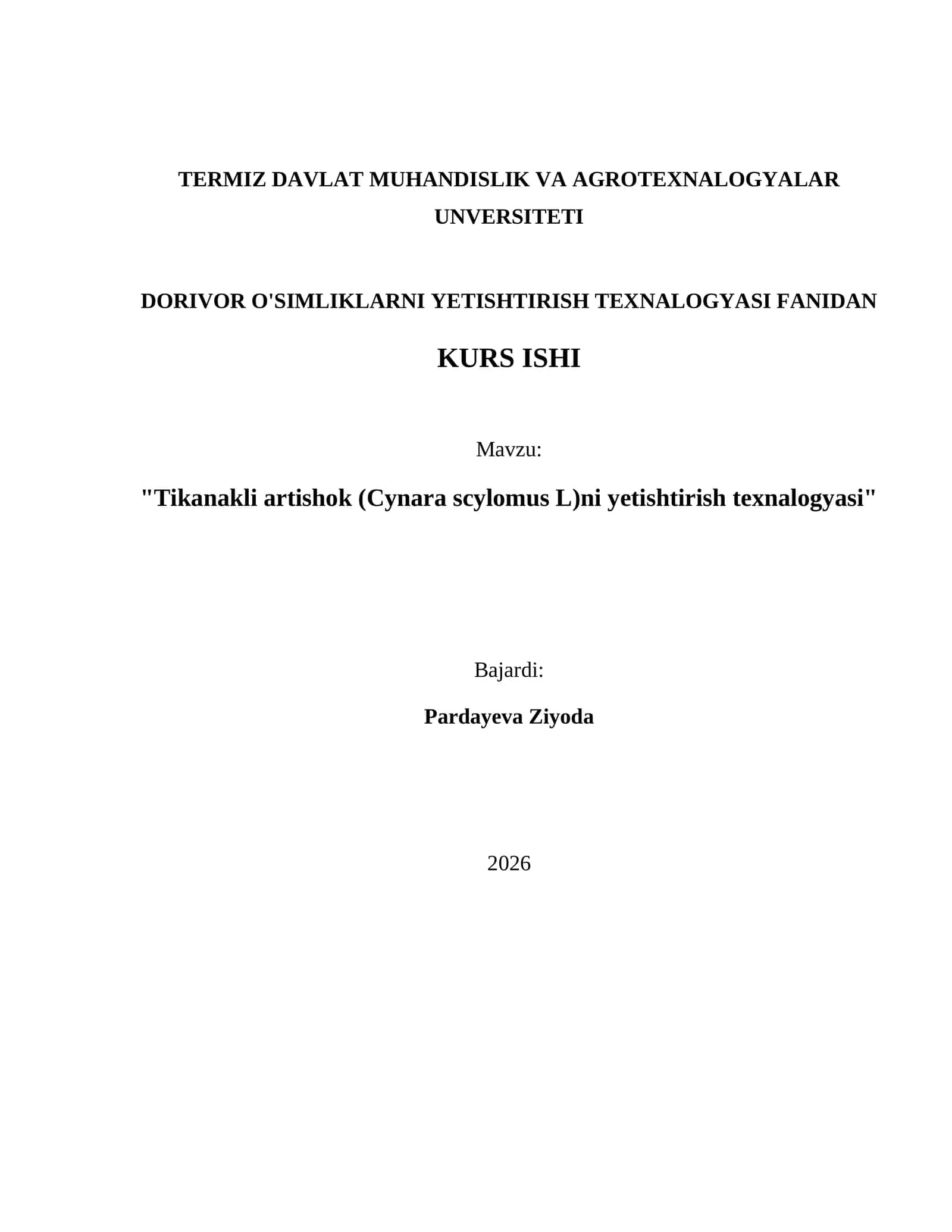 Tikanakli artishok (Cynara scylomus L)ni yetishtirish texnalogyasi