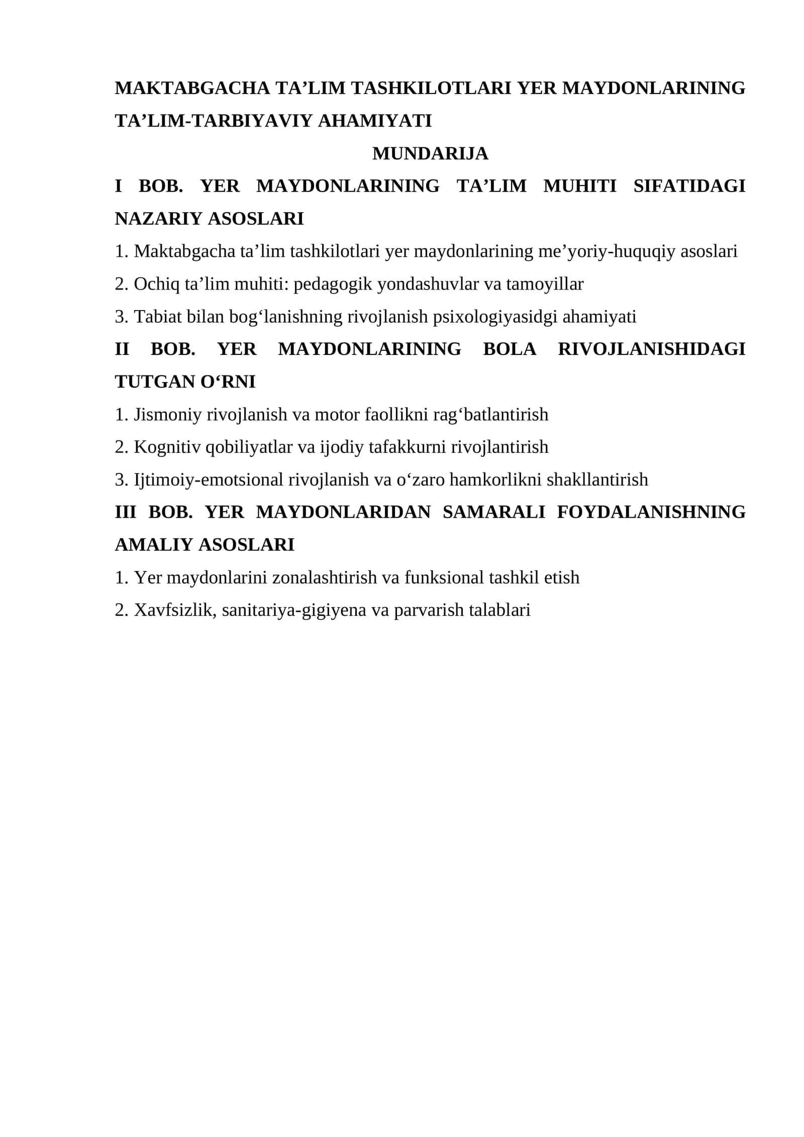 MAKTABGACHA TA’LIM TASHKILOTLARI YER MAYDONLARINING TA’LIM-TARBIYAVIY AHAMIYATI