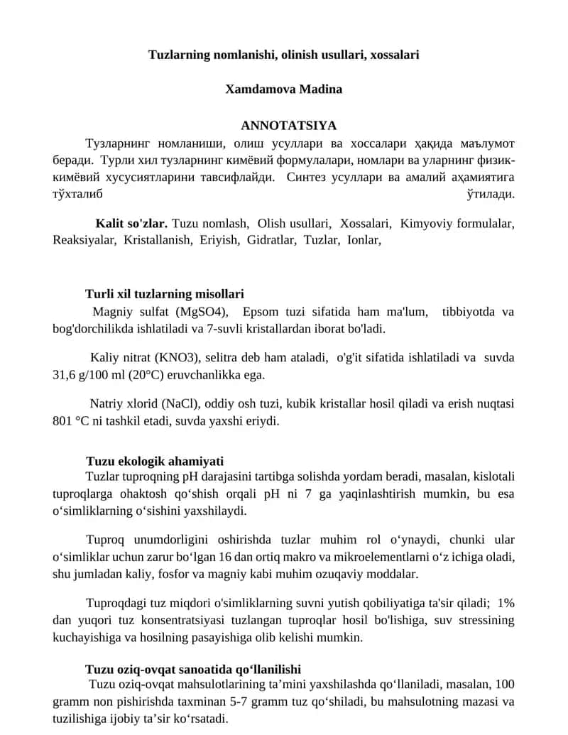 Kimyoviy formulalar va tuzlar
