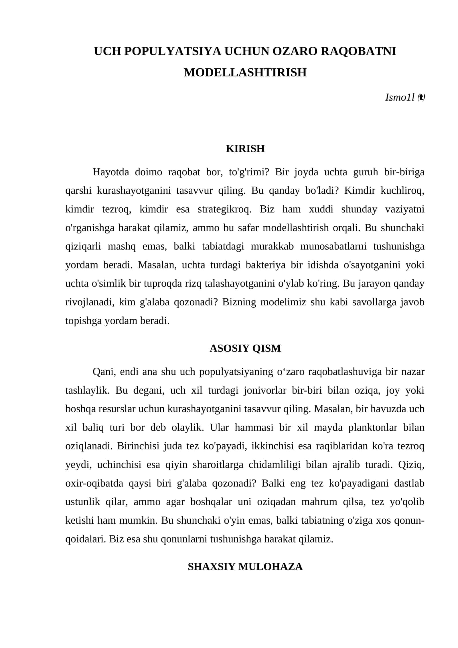UCH POPULYATSIYA UCHUN OZARO RAQOBATNI MODELLASHTIRISH