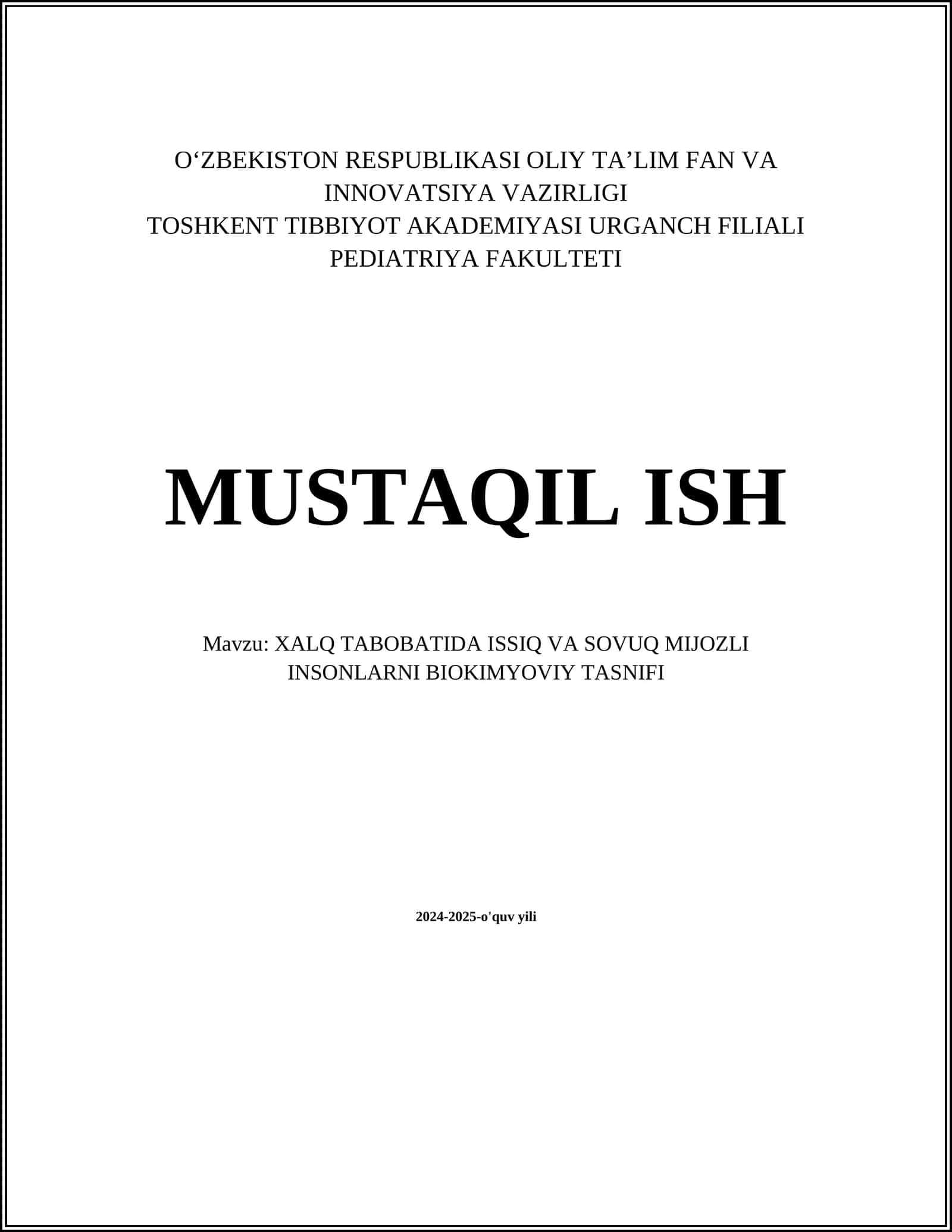 XALQ TABOBATIDA ISSIQ VA SOVUQ MIJOZLI INSONLARNI BIOKIMYOVIY TASNIFI