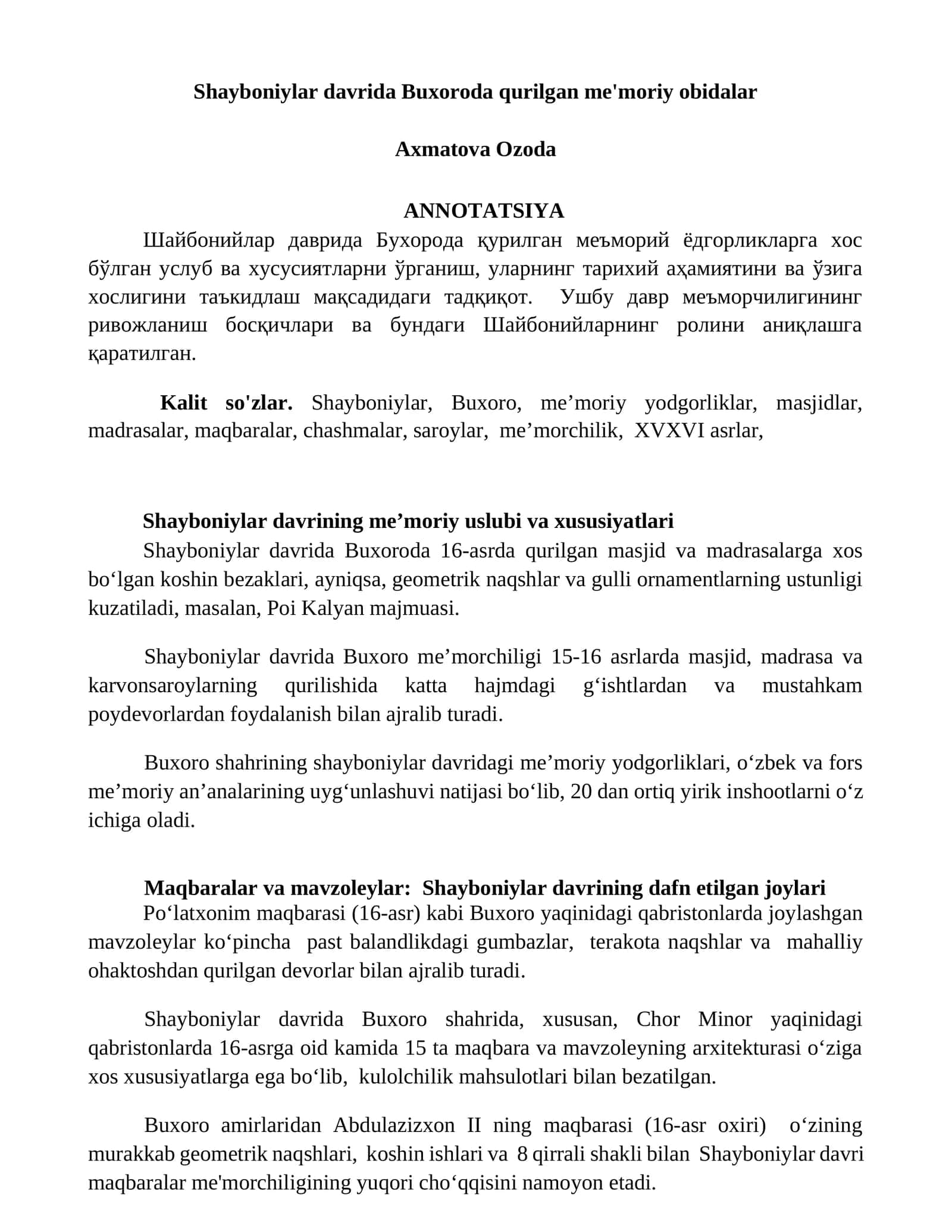 Shayboniylar davrida Buxoroda qurilgan me'moriy obidalar