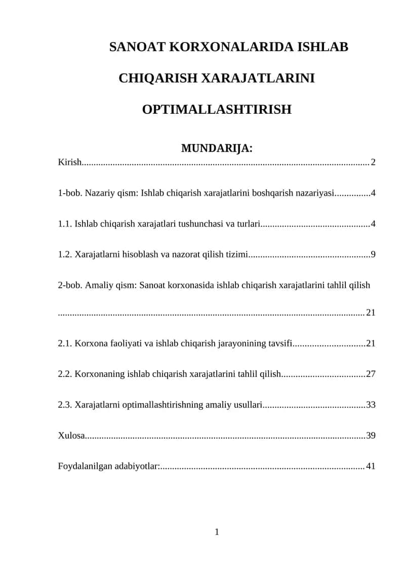 ISHLAB CHIQARISH XARAJATLARINI OPTIMALLASHTIRISH