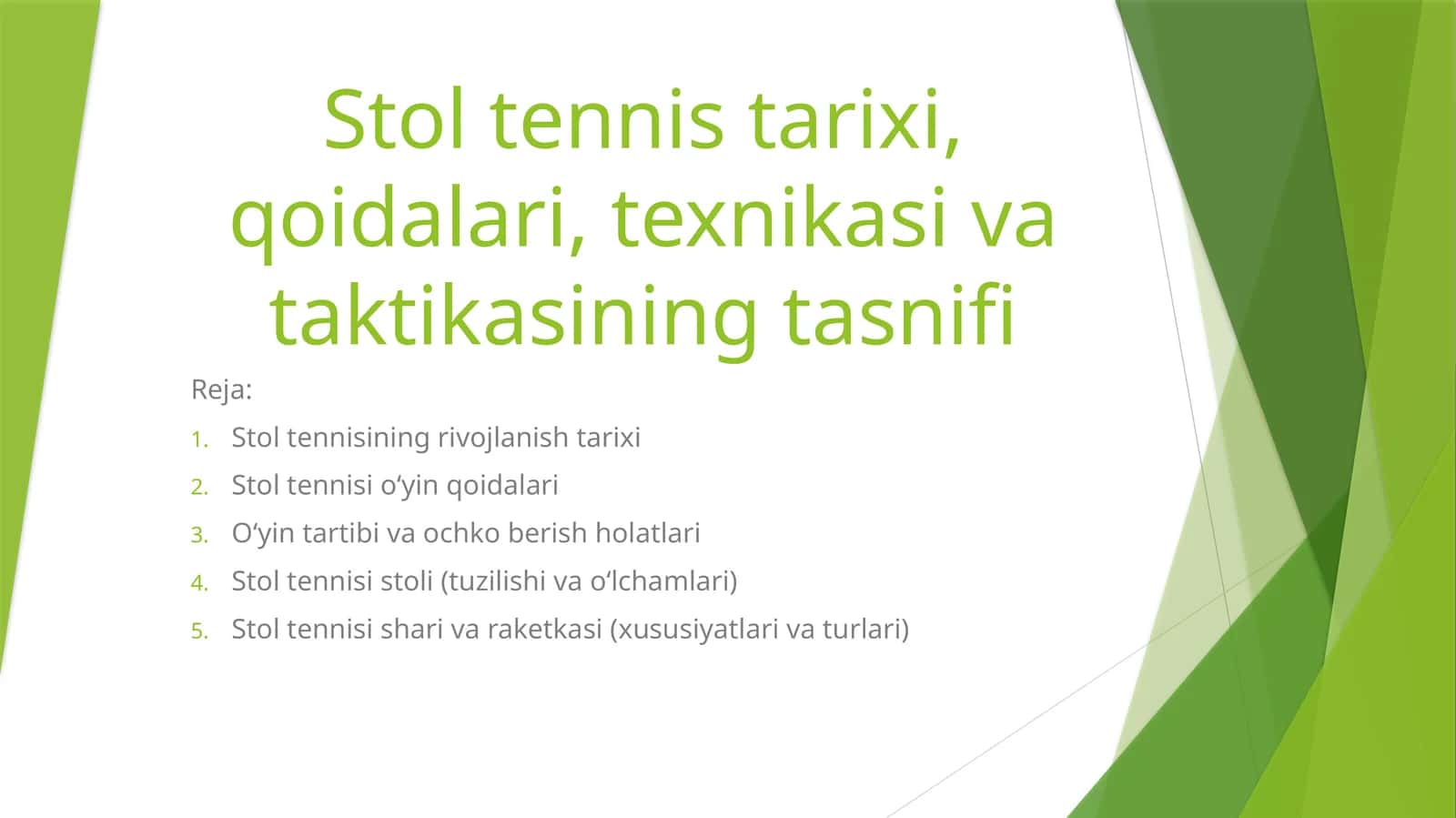Stol tennis tarixi, qoidalari, texnikasi va taktikasining tasnifi