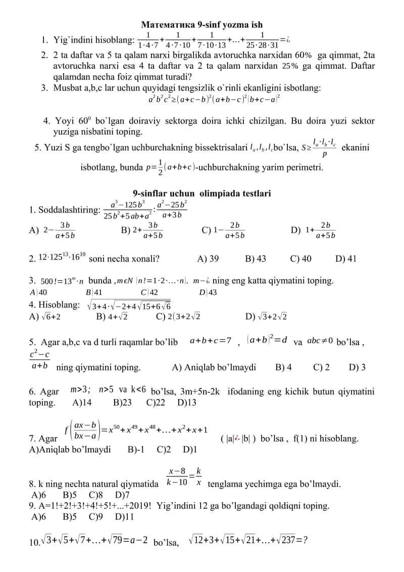 Matematikadan Olimpiada savollari