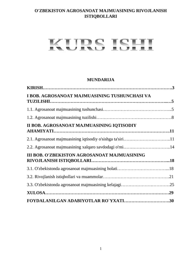 Agrosanoat majmuasining rivojlanish istiqbollari