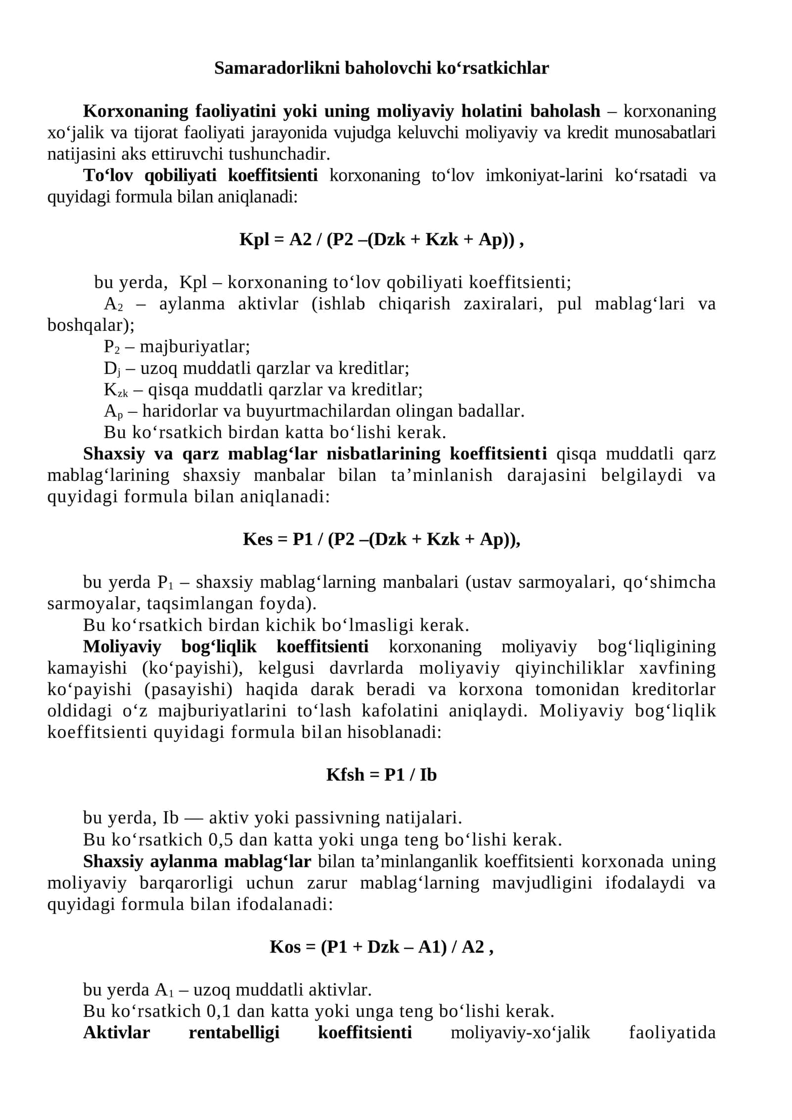 Samaradorlikni baholovchi ko‘rsatkichlar