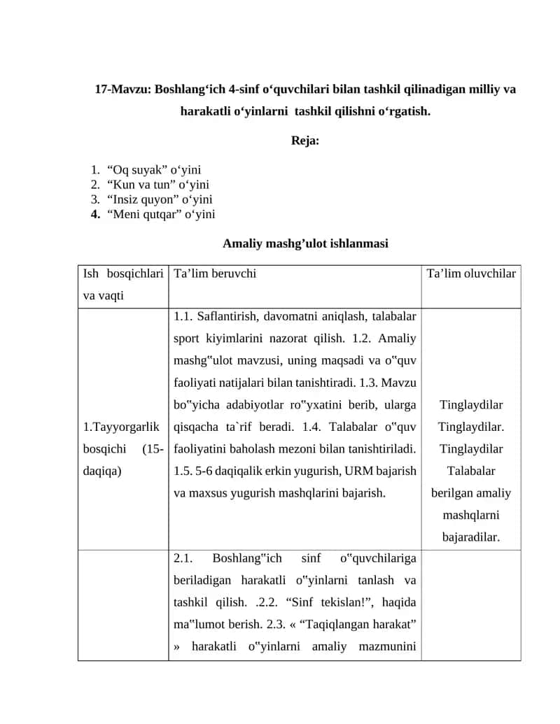 Milliy va harakatli o‘yinlar