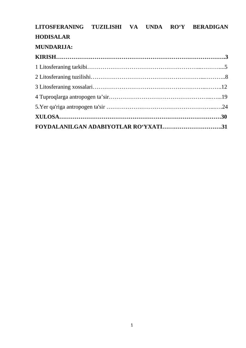 LITOSFERANING TUZILISHI VA UNDA ROʻY BERADIGAN HODISALAR