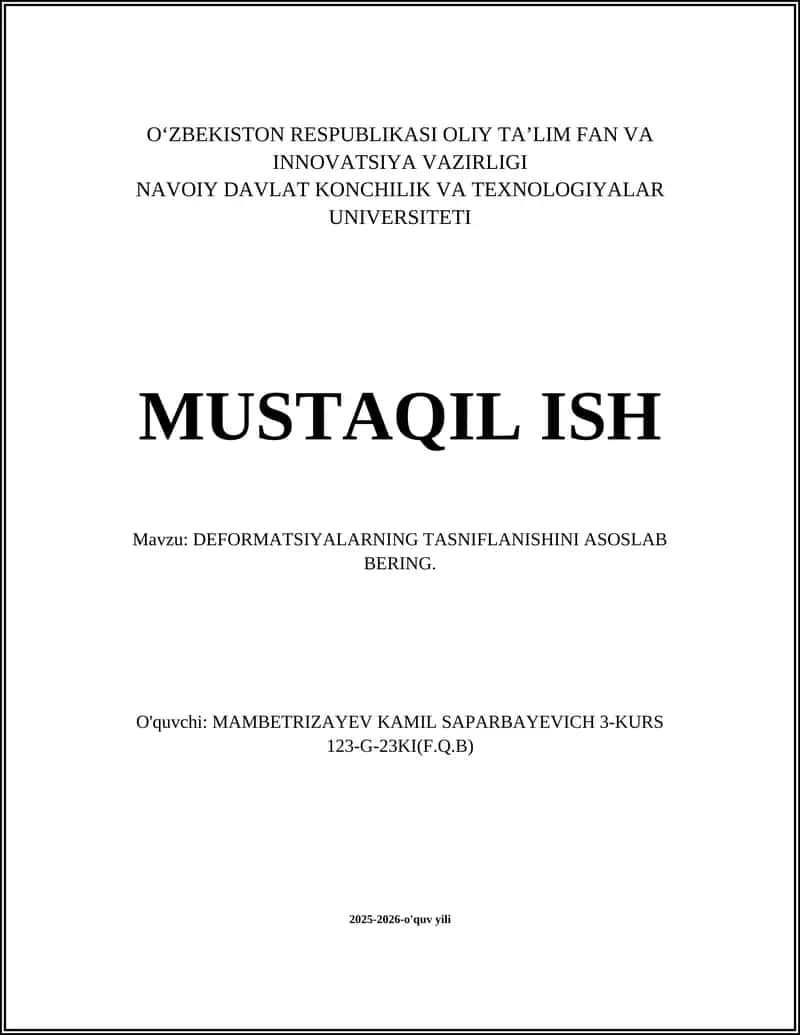 DEFORMATSIYALARNING TASNIFLANISHINI ASOSLAB BERING