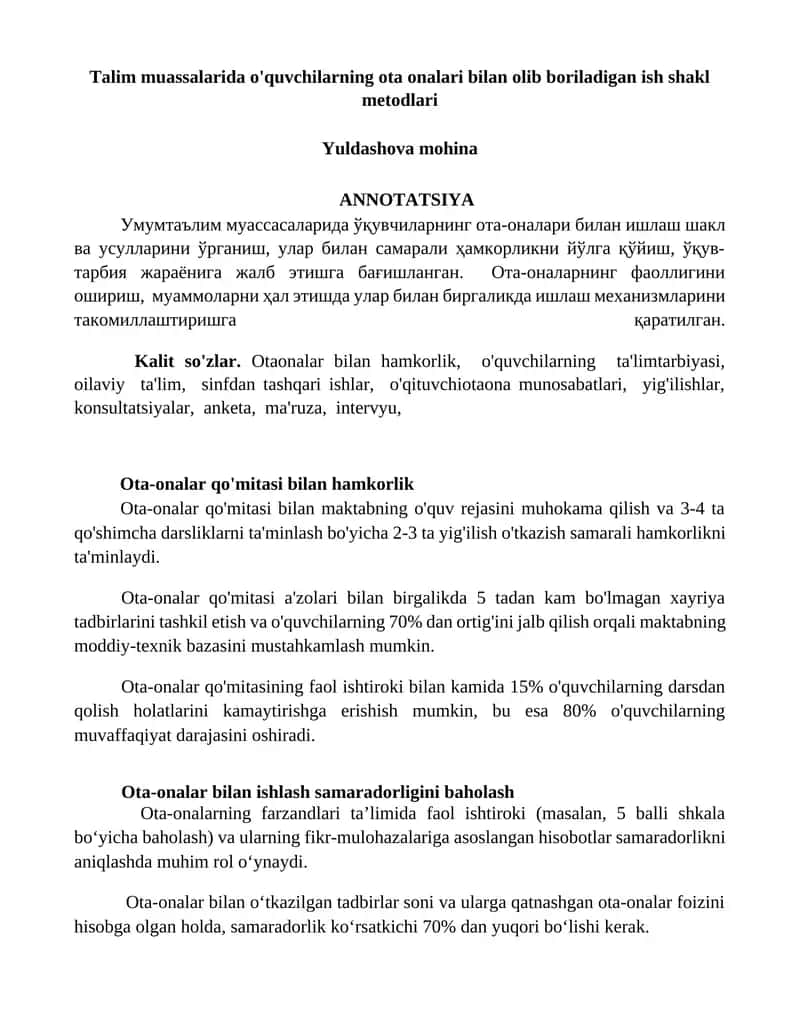 Ota-onalar qo'mitasi bilan hamkorlik