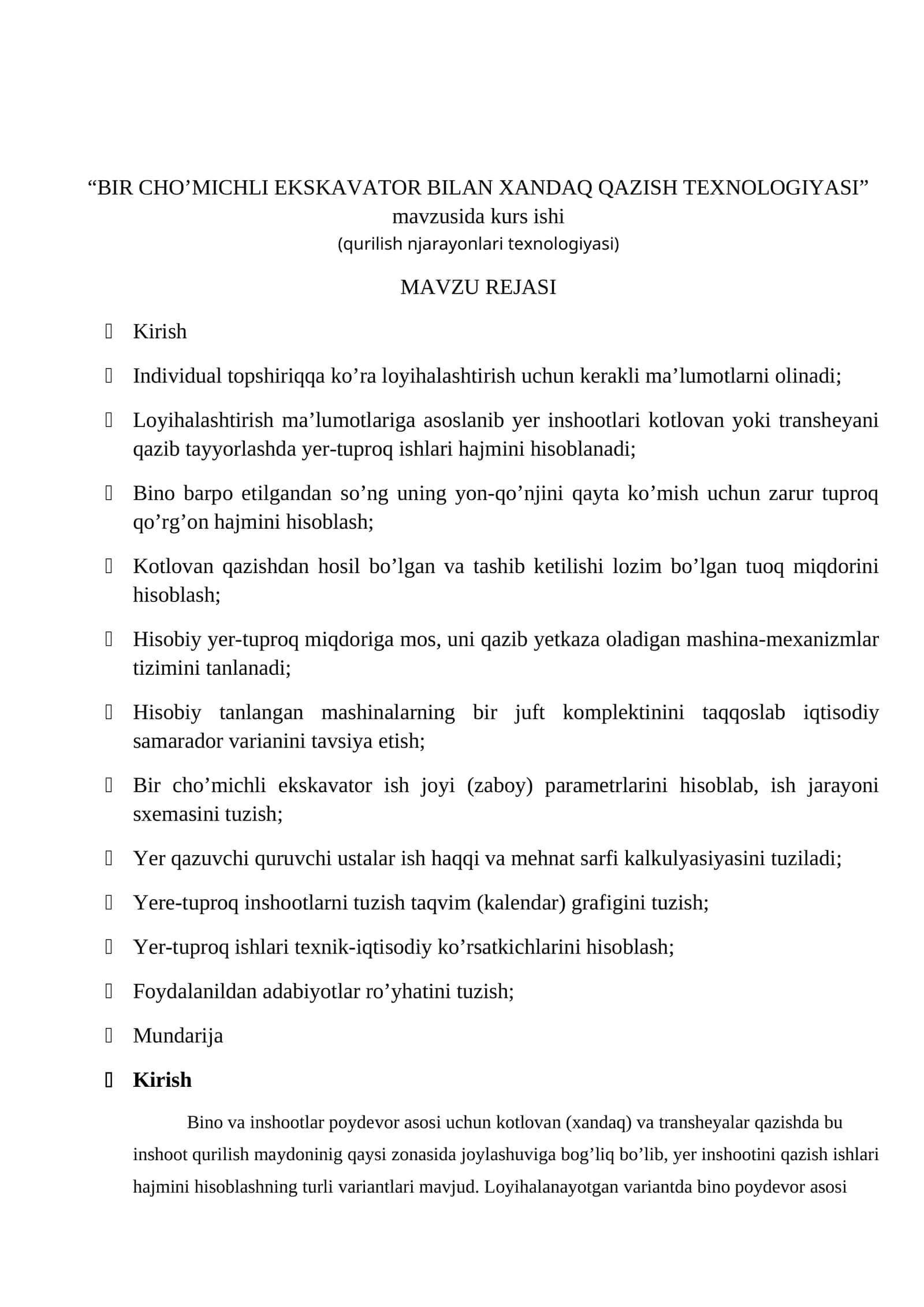 BIR CHO’MICHLI EKSKAVATOR BILAN XANDAQ QAZISH TEXNOLOGIYASI
