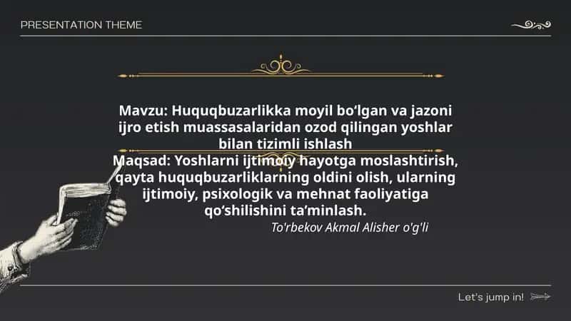 Huquqbuzarlikka moyil bo‘lgan va jazoni ijro etish muassasalaridan ozod qilingan yoshlar bilan tizimli ishlash