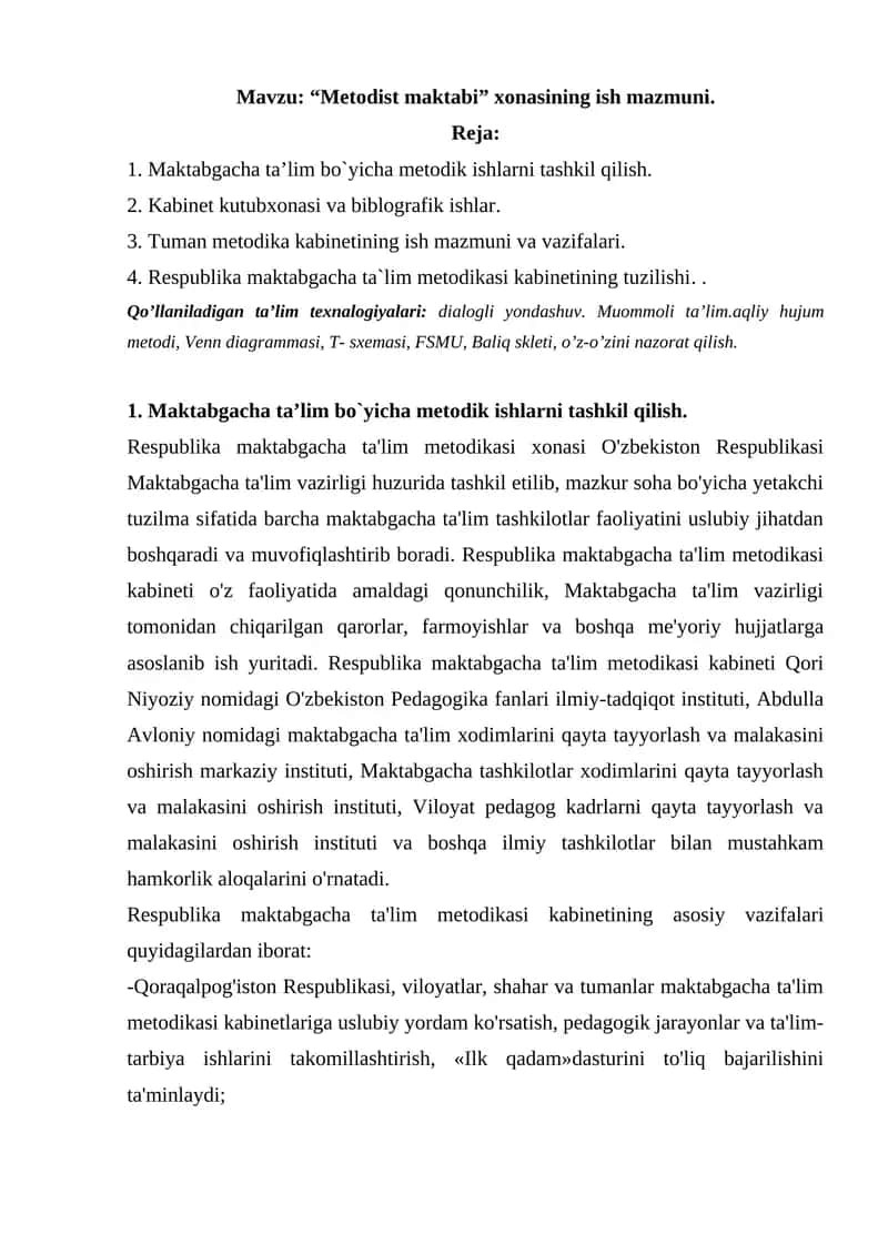Respublika maktabgacha ta’lim metodikasi kabinetining ish mazmuni.