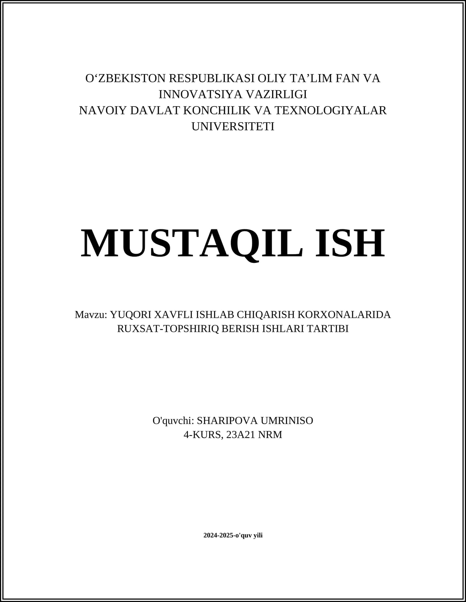 YUQORI XAVFLI ISHLAB CHIQARISH KORXONALARIDA RUXSAT-TOPSHIRIQ BERISH ISHLARI TARTIBI